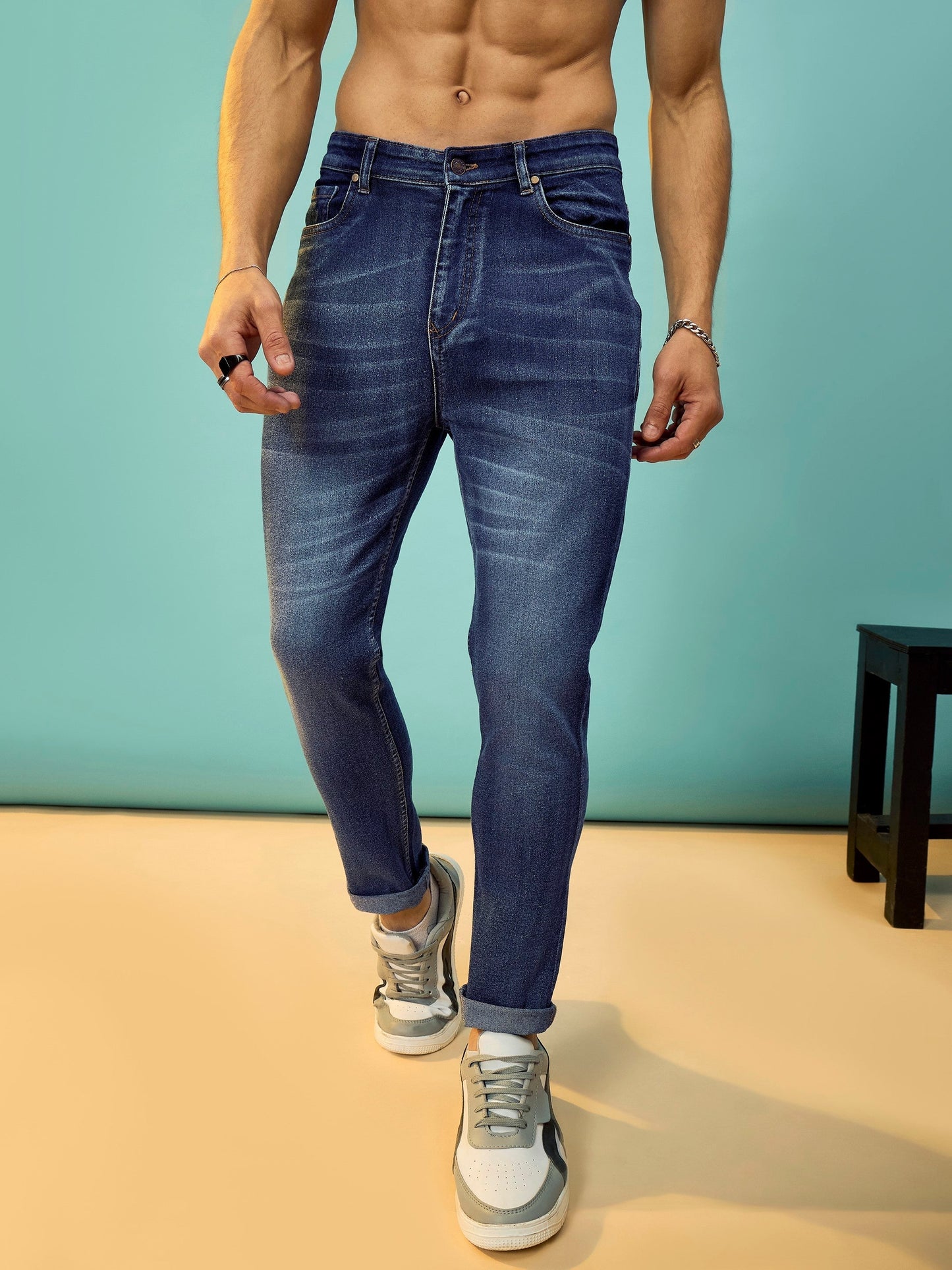 Navy Washed Slim Fit Jeans-MASCLN SASSAFRAS