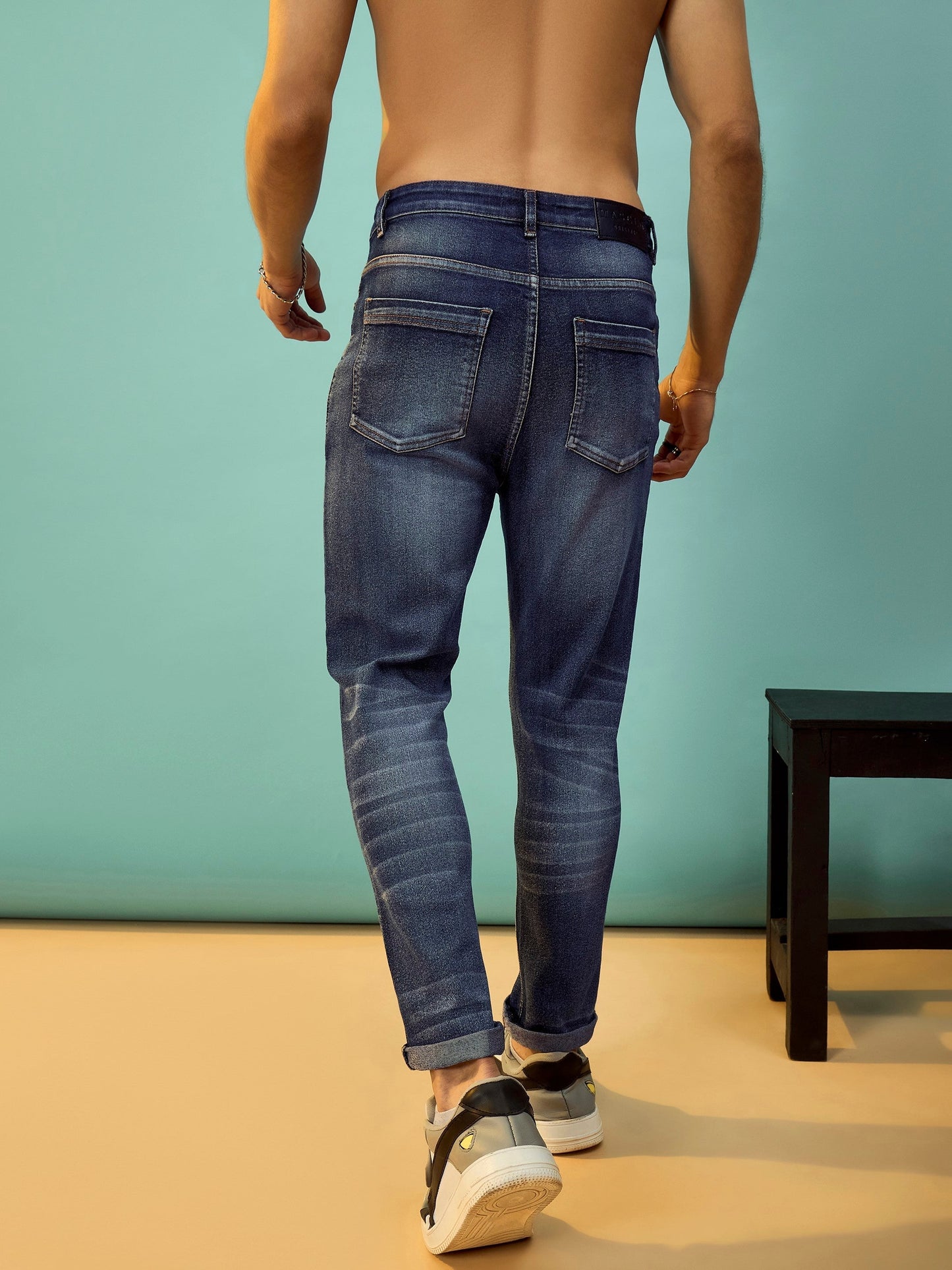 Navy Washed Slim Fit Jeans-MASCLN SASSAFRAS