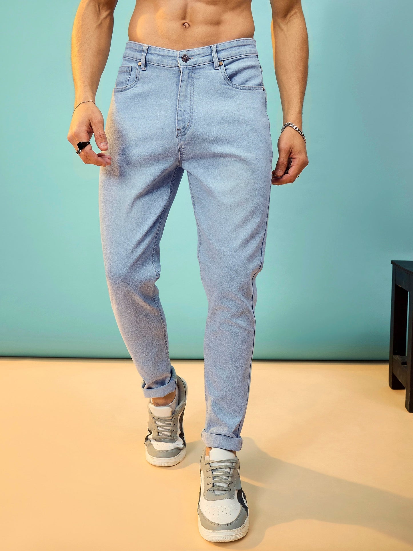 Blue Washed Slim Fit Jeans-MASCLN SASSAFRAS