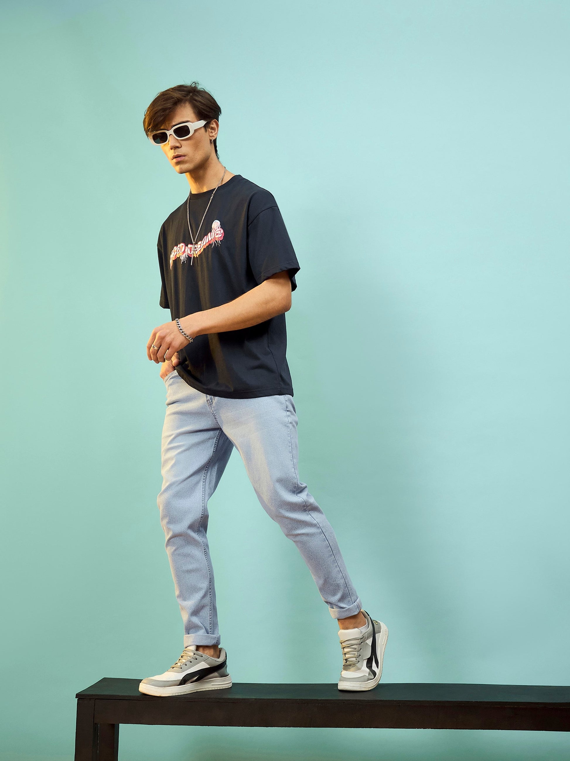Blue Washed Slim Fit Jeans-MASCLN SASSAFRAS