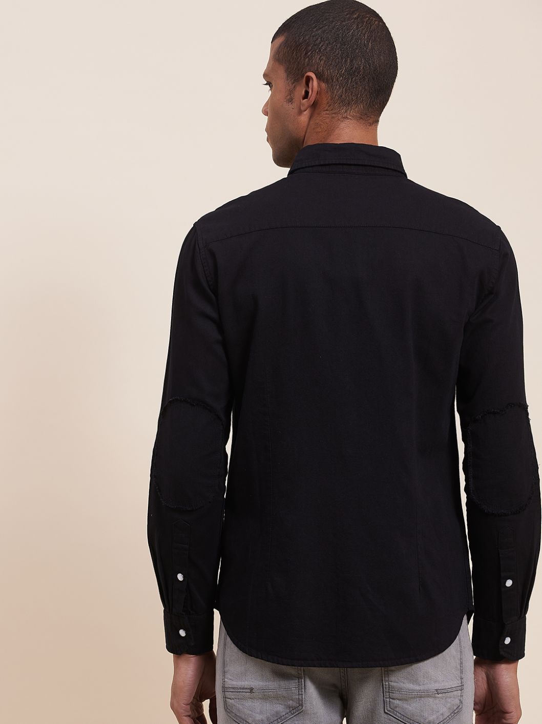 Men Black Tencel Elbow Patch Shirt