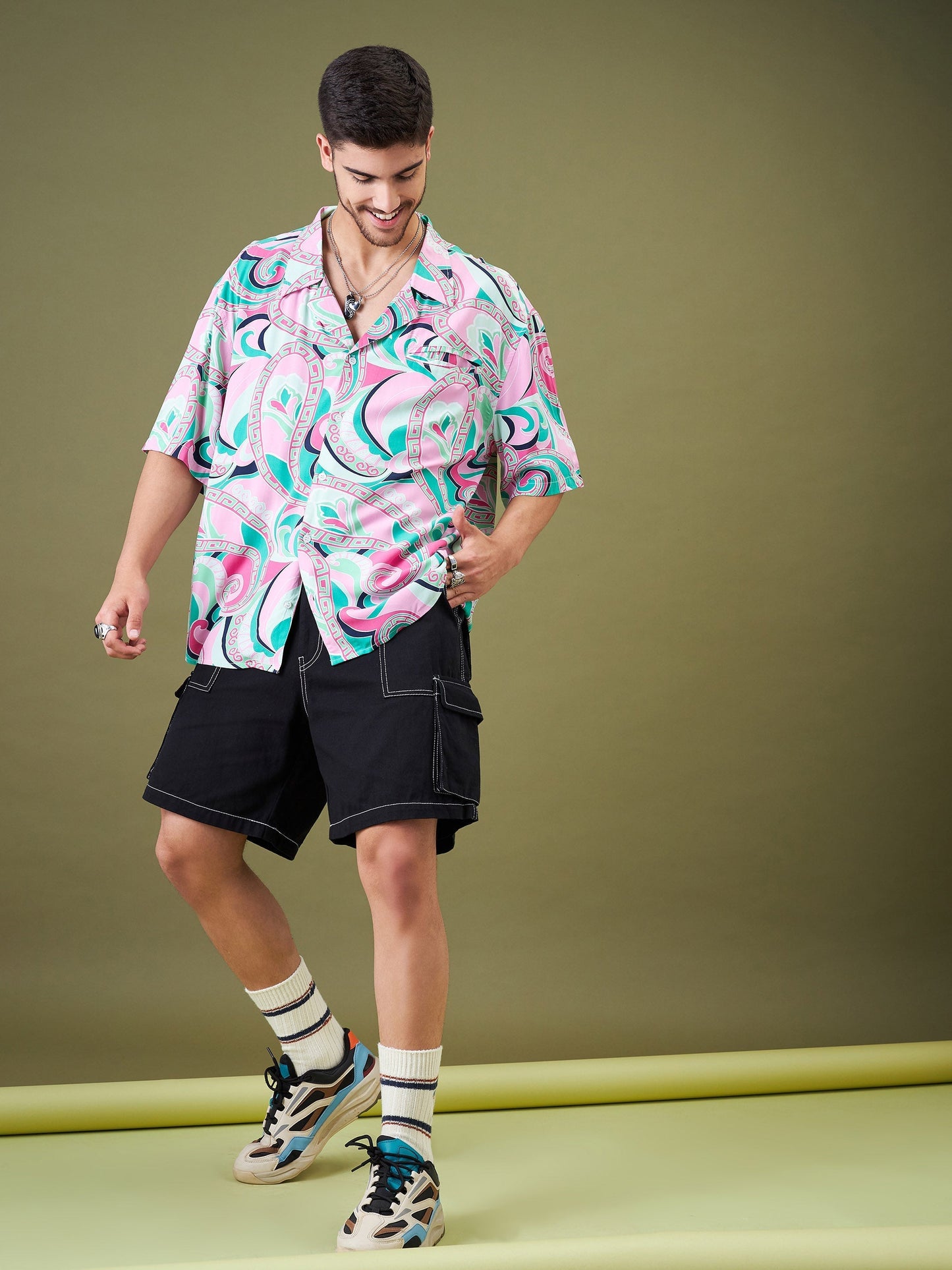 Pink & Green Tropical Floral Oversized Shirt-MASCLN SASSAFRAS