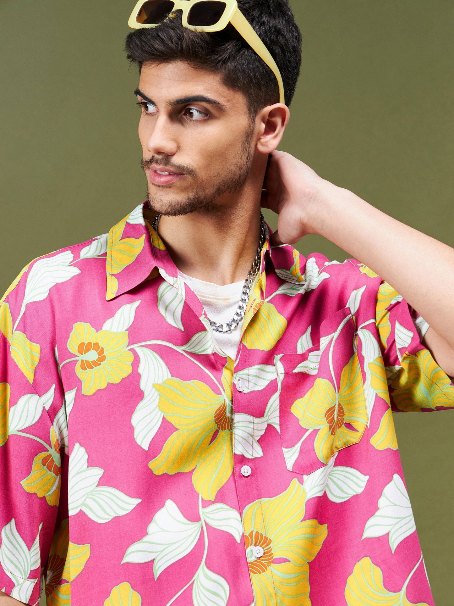 Fuchsia Tropical Oversized Shirt-MASCLN SASSAFRAS