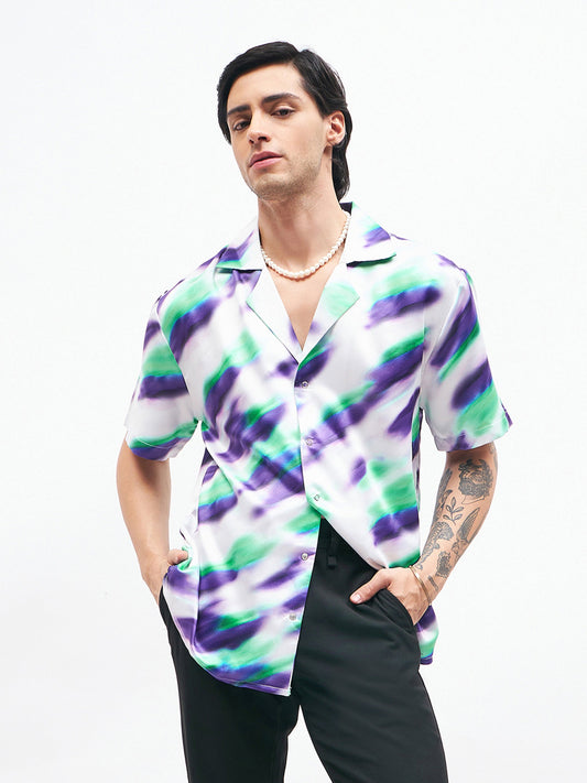 White Abstract Short Sleeves Satin Shirt-MASCLN SASSAFRAS