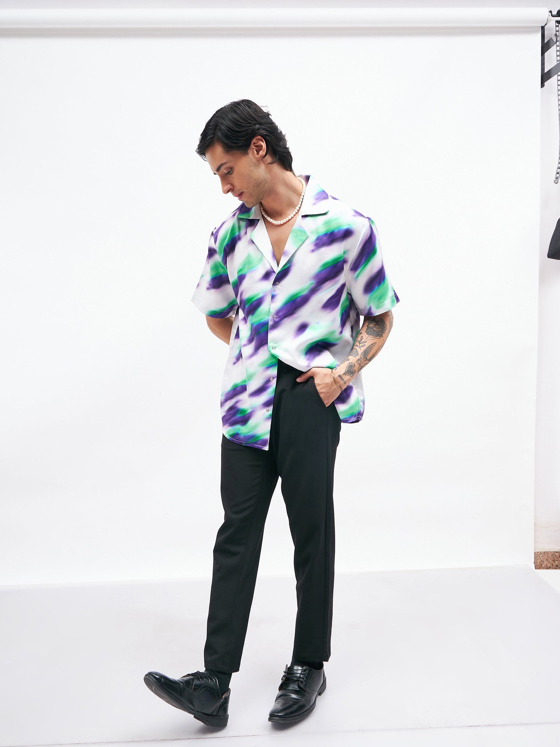 White Abstract Short Sleeves Satin Shirt-MASCLN SASSAFRAS