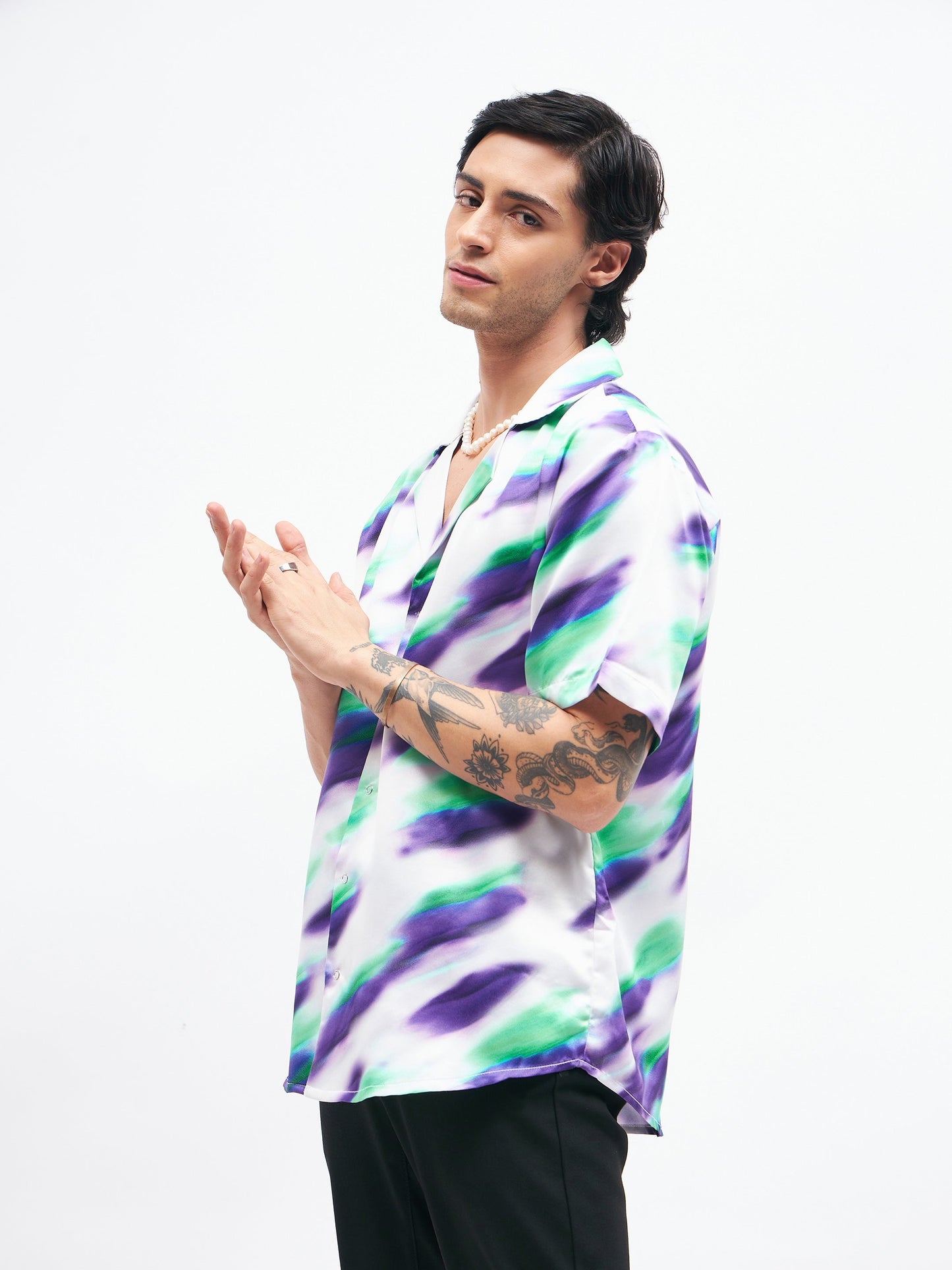 White Abstract Short Sleeves Satin Shirt-MASCLN SASSAFRAS