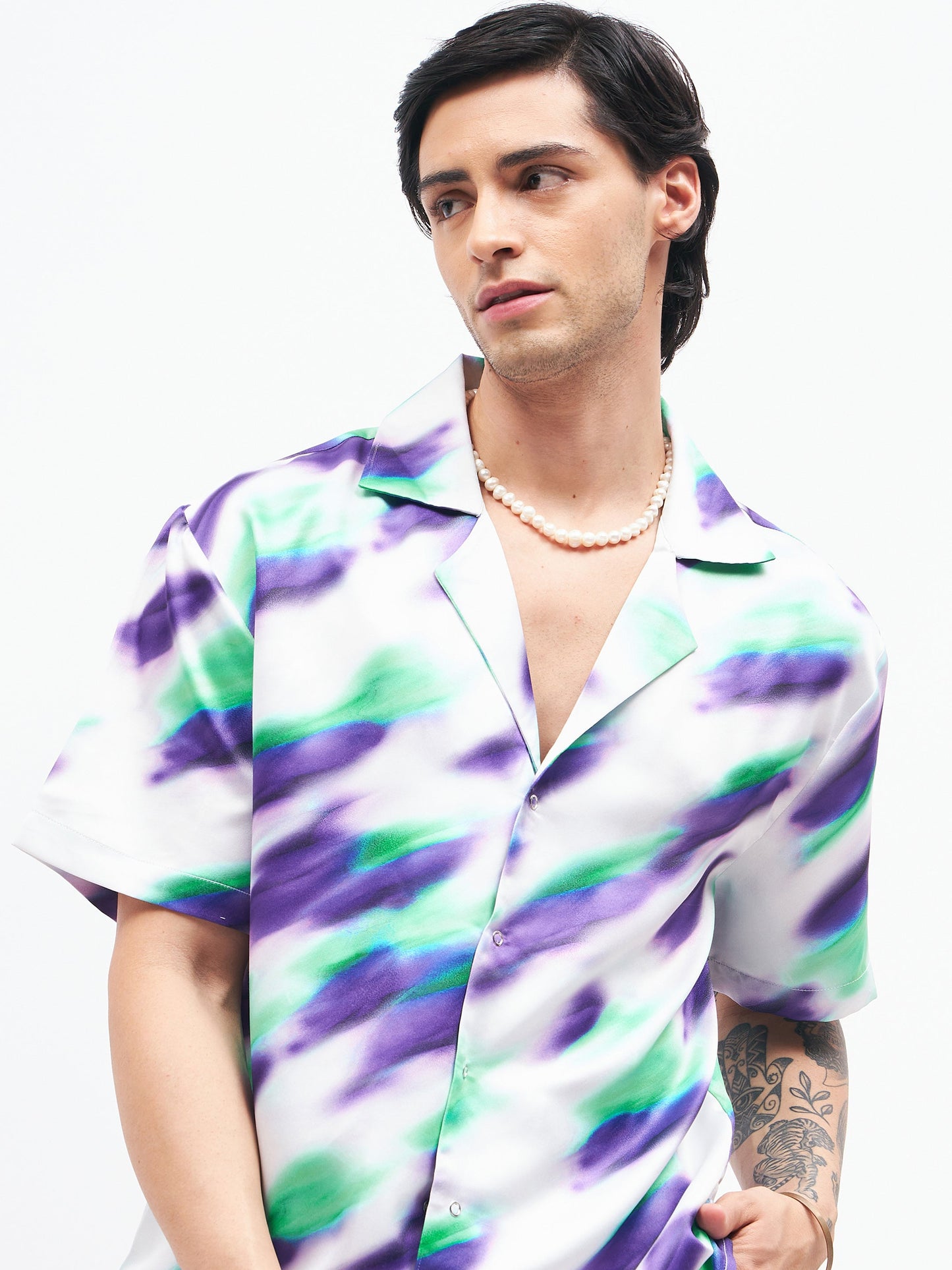 White Abstract Short Sleeves Satin Shirt-MASCLN SASSAFRAS