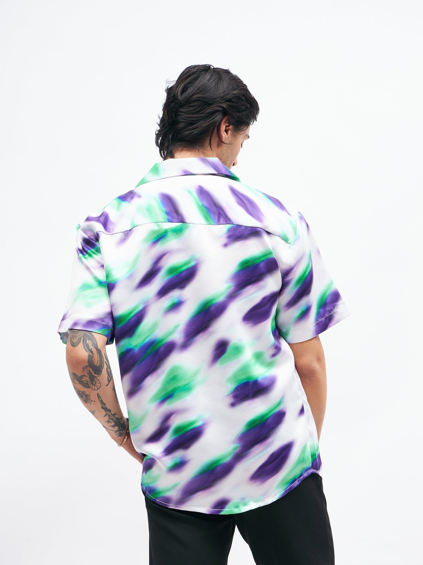 White Abstract Short Sleeves Satin Shirt-MASCLN SASSAFRAS