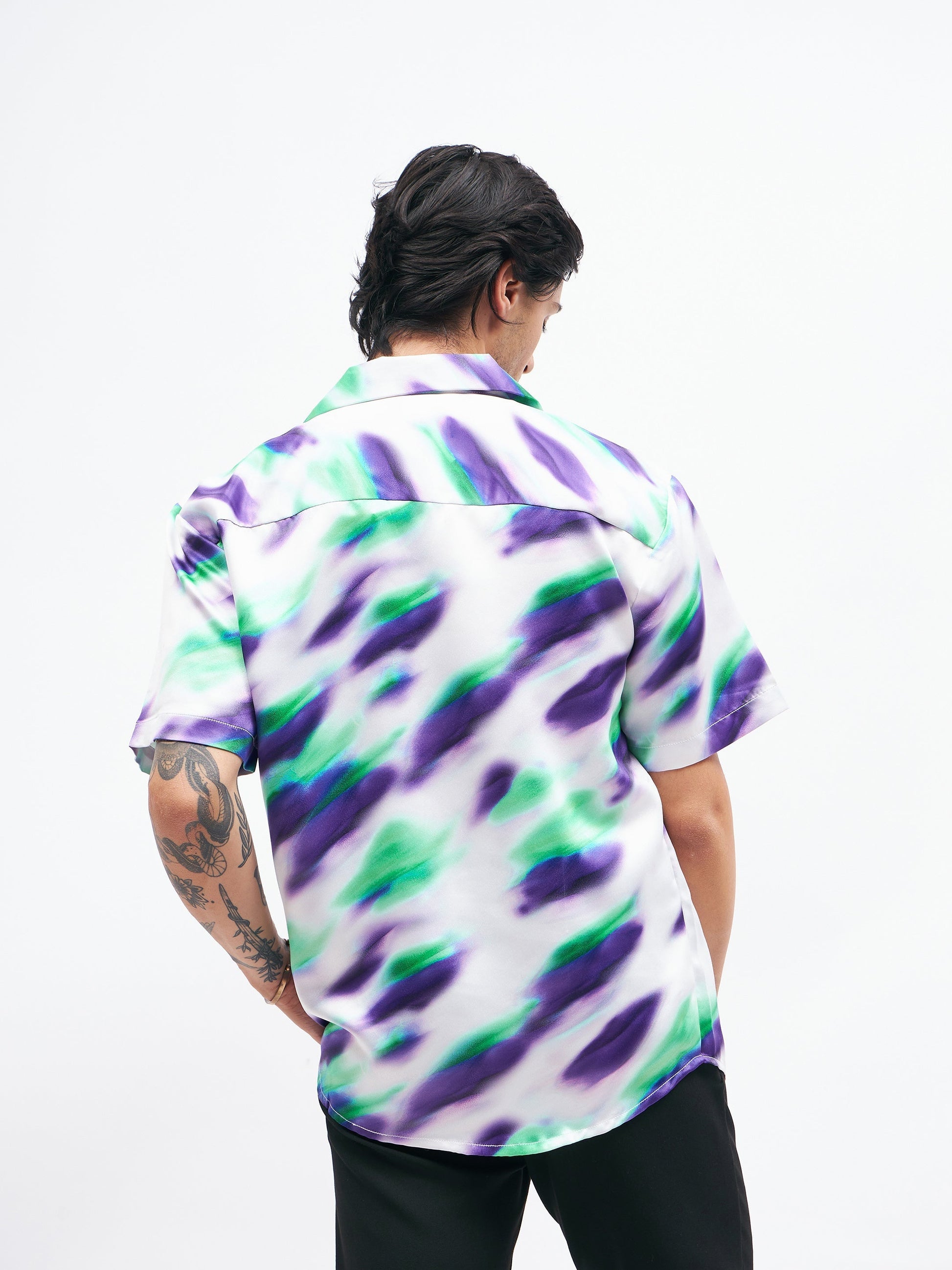 White Abstract Short Sleeves Satin Shirt-MASCLN SASSAFRAS
