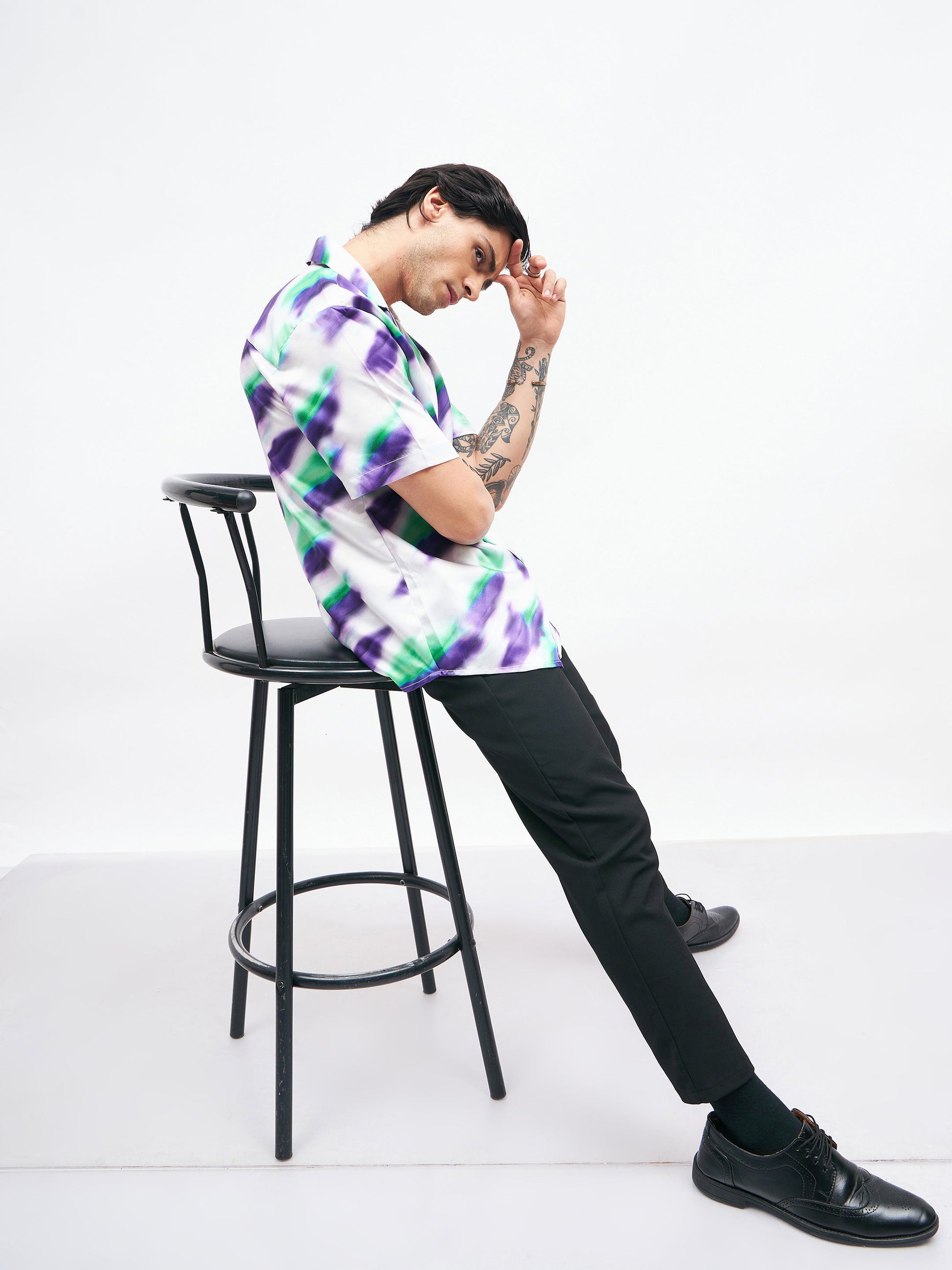 White Abstract Short Sleeves Satin Shirt-MASCLN SASSAFRAS