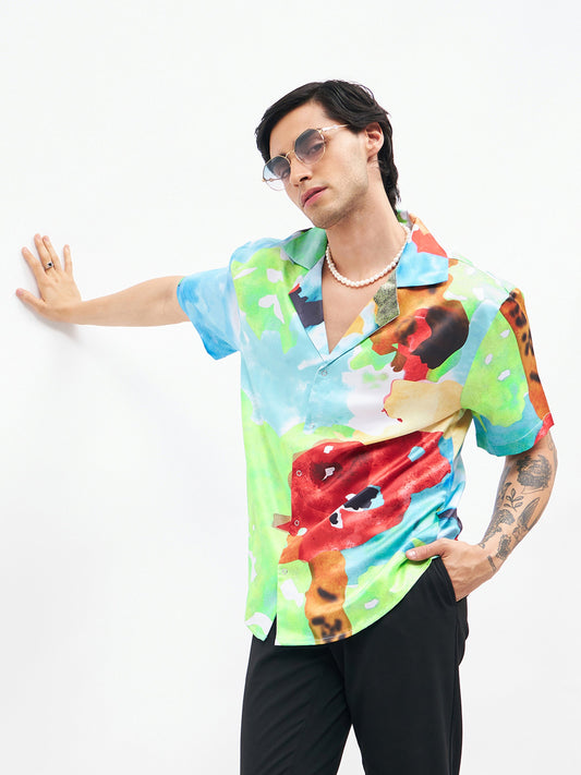 Blue Art Print Short Sleeves Satin Shirt-MASCLN SASSAFRAS
