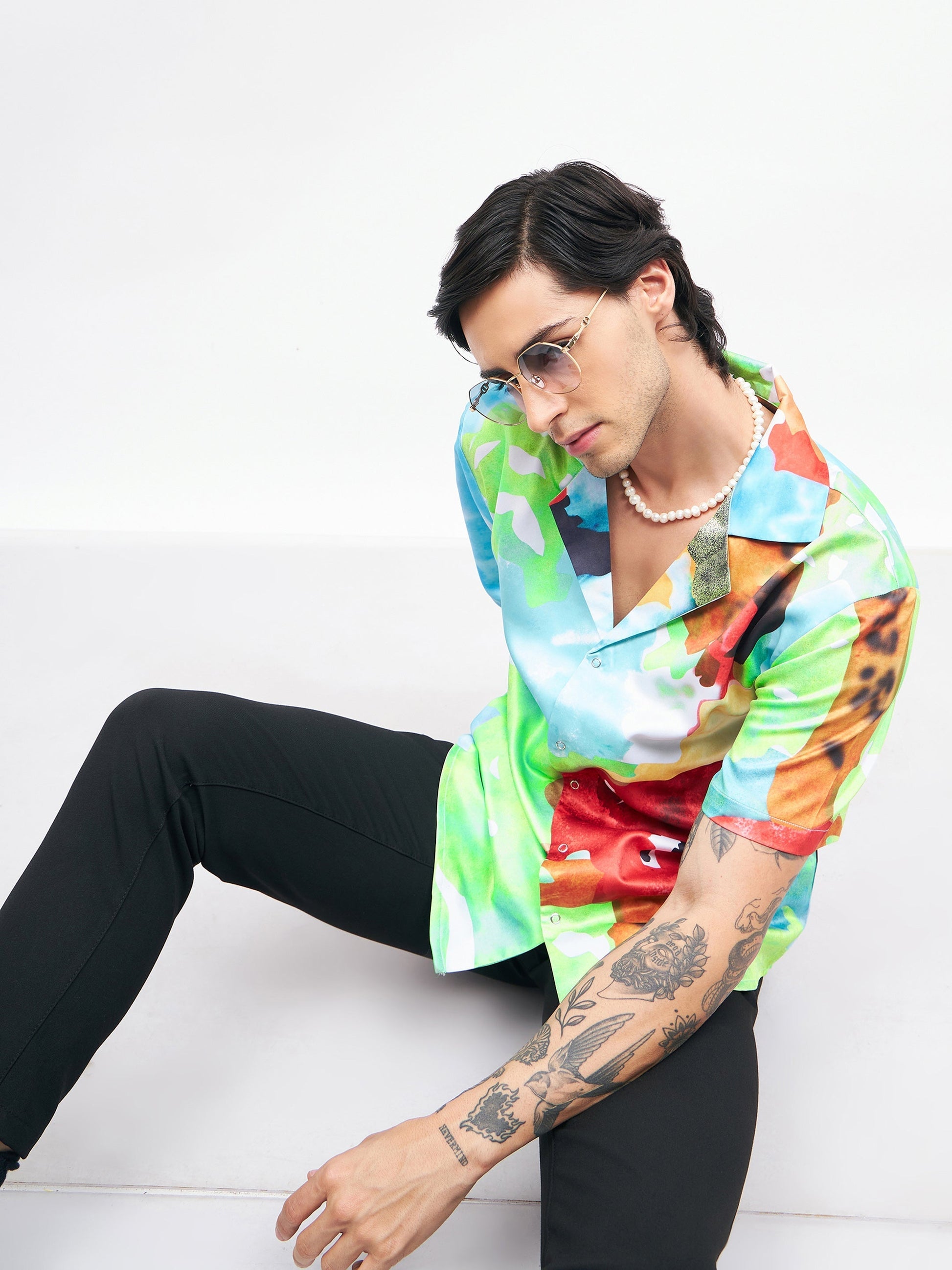 Blue Art Print Short Sleeves Satin Shirt-MASCLN SASSAFRAS