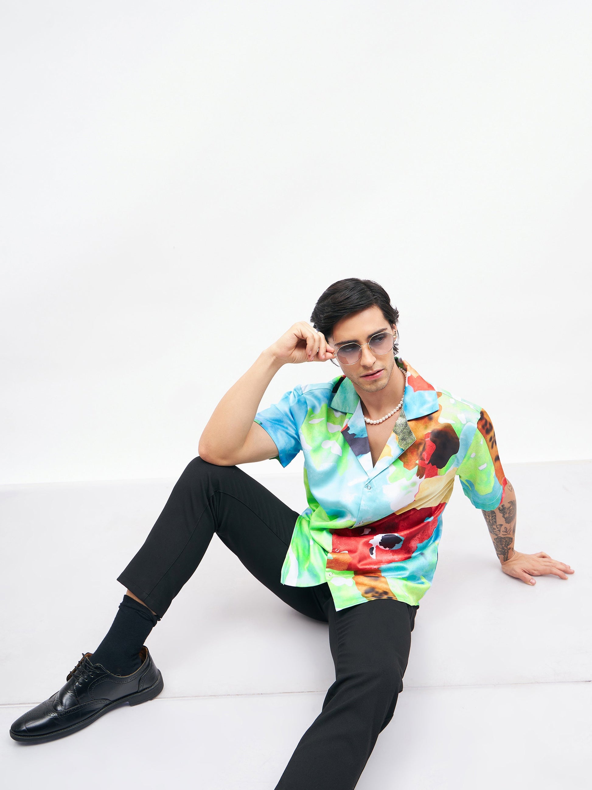 Blue Art Print Short Sleeves Satin Shirt-MASCLN SASSAFRAS
