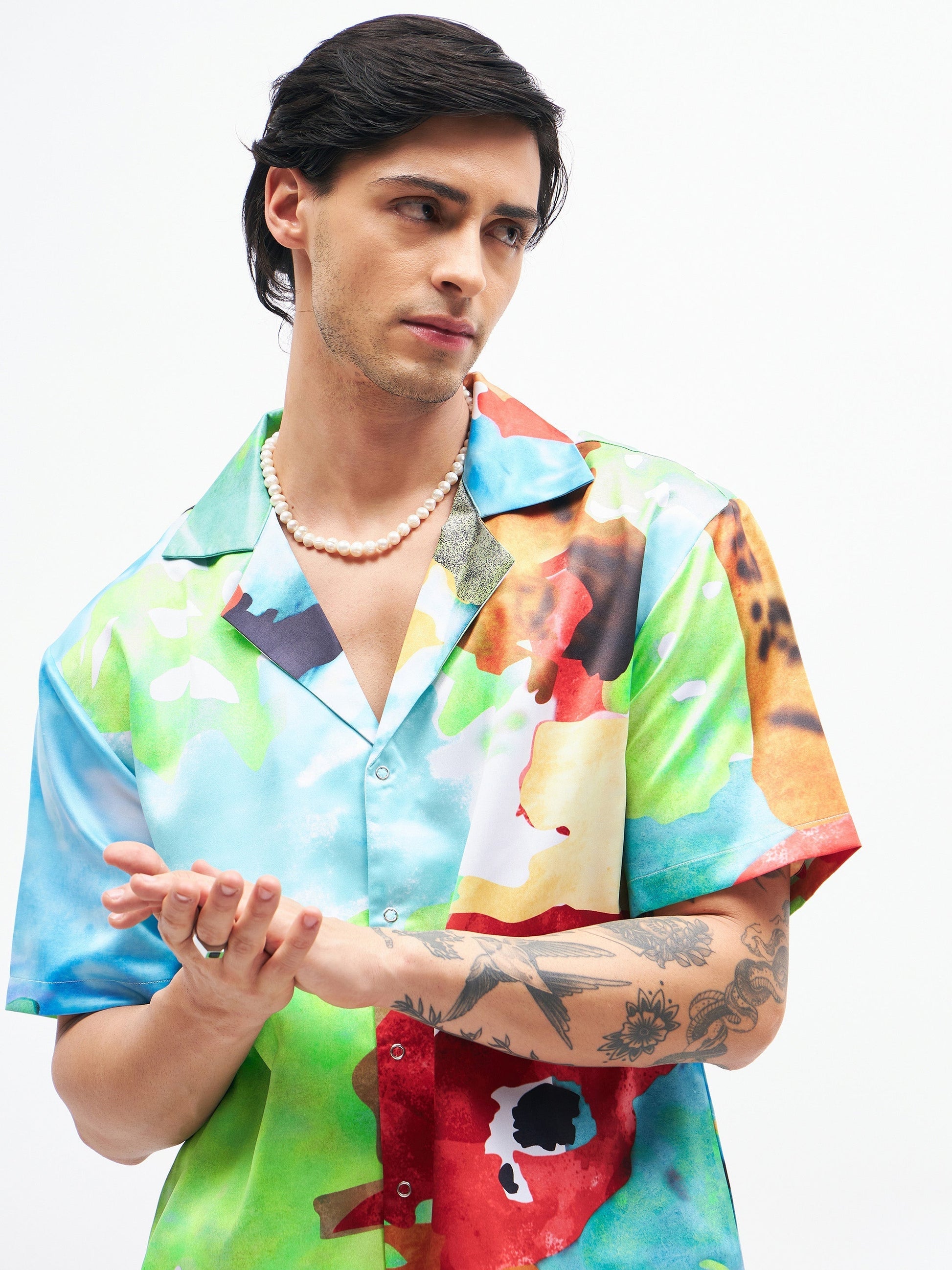 Blue Art Print Short Sleeves Satin Shirt-MASCLN SASSAFRAS