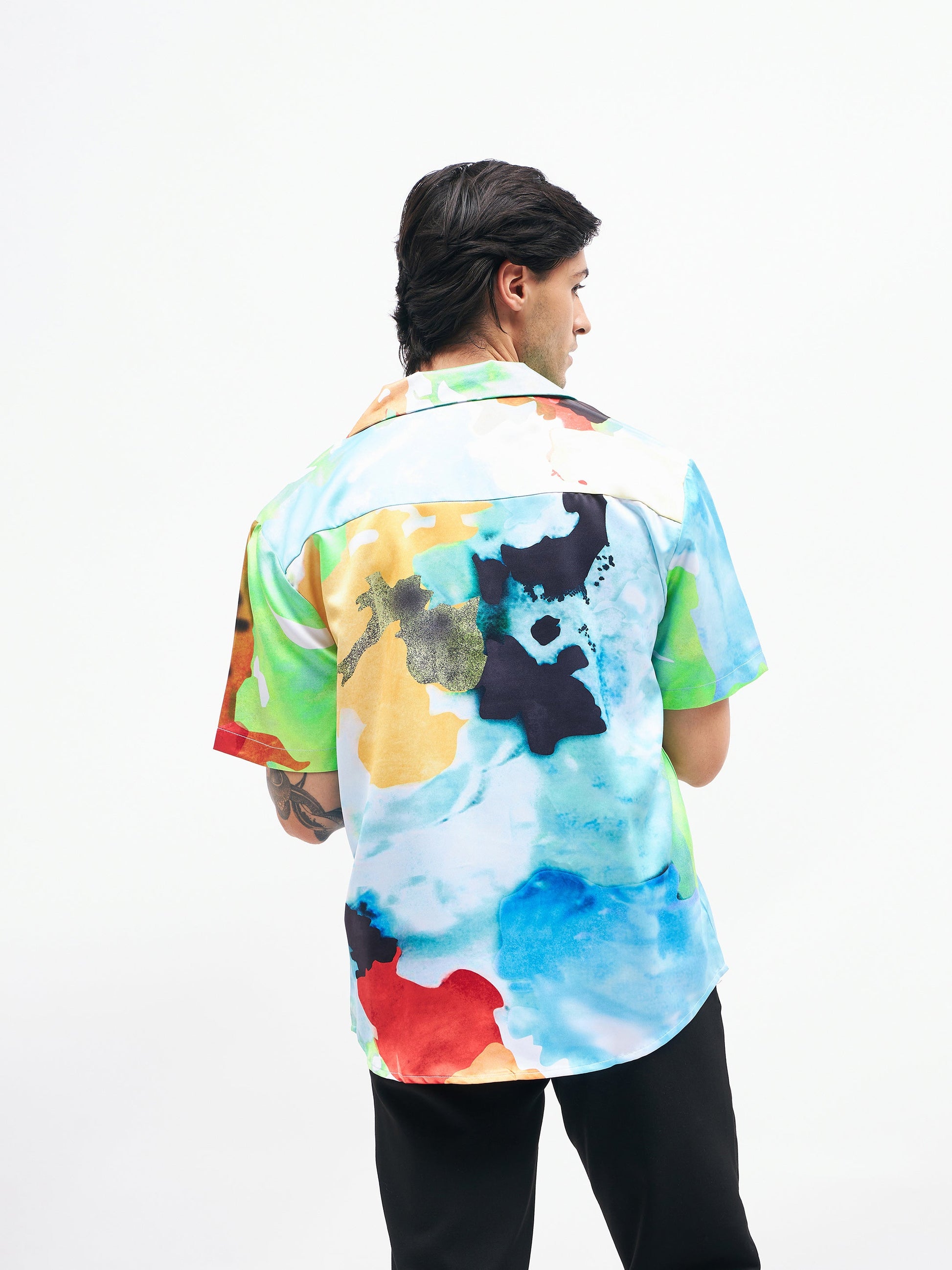 Blue Art Print Short Sleeves Satin Shirt-MASCLN SASSAFRAS