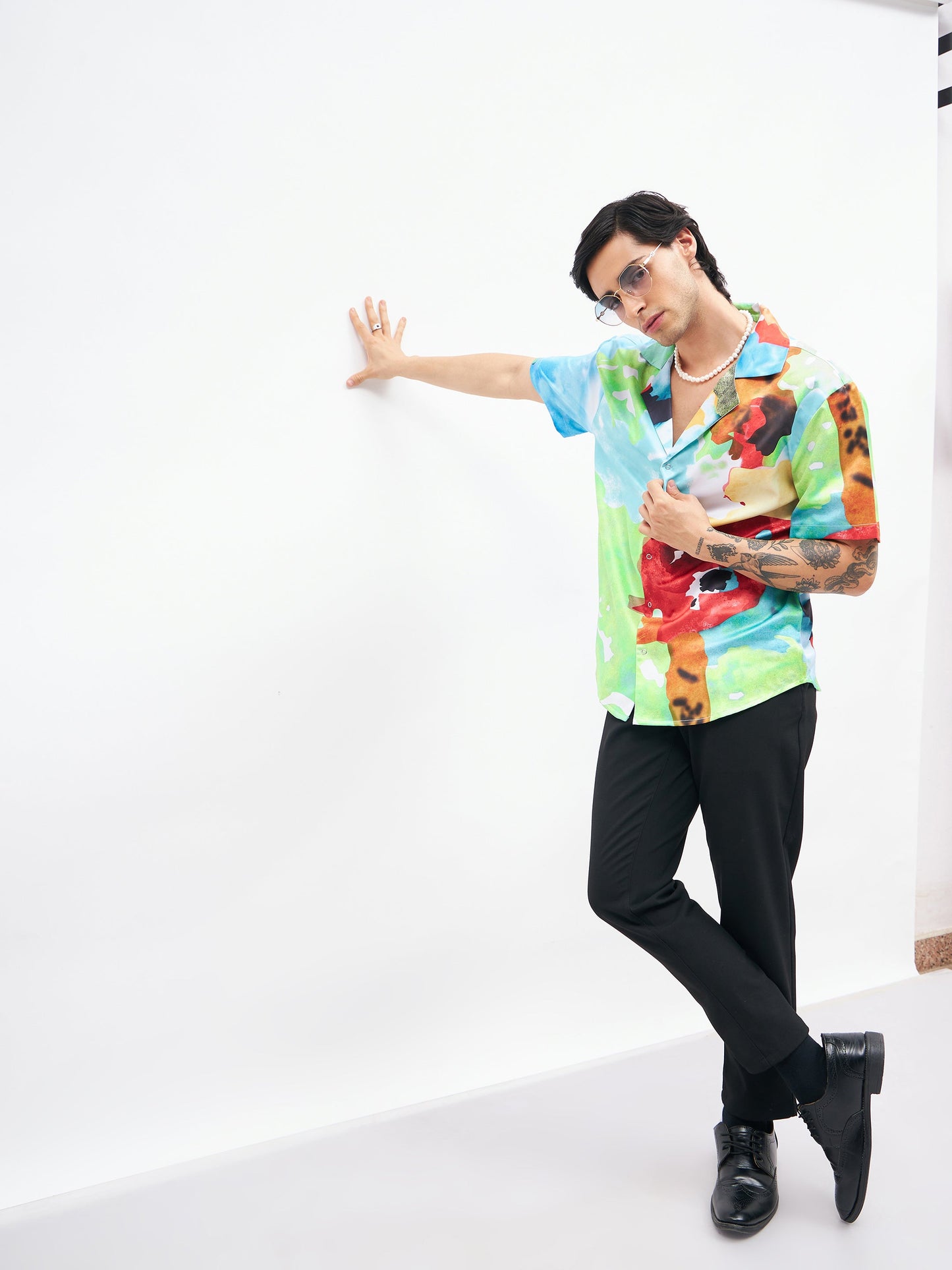 Blue Art Print Short Sleeves Satin Shirt-MASCLN SASSAFRAS