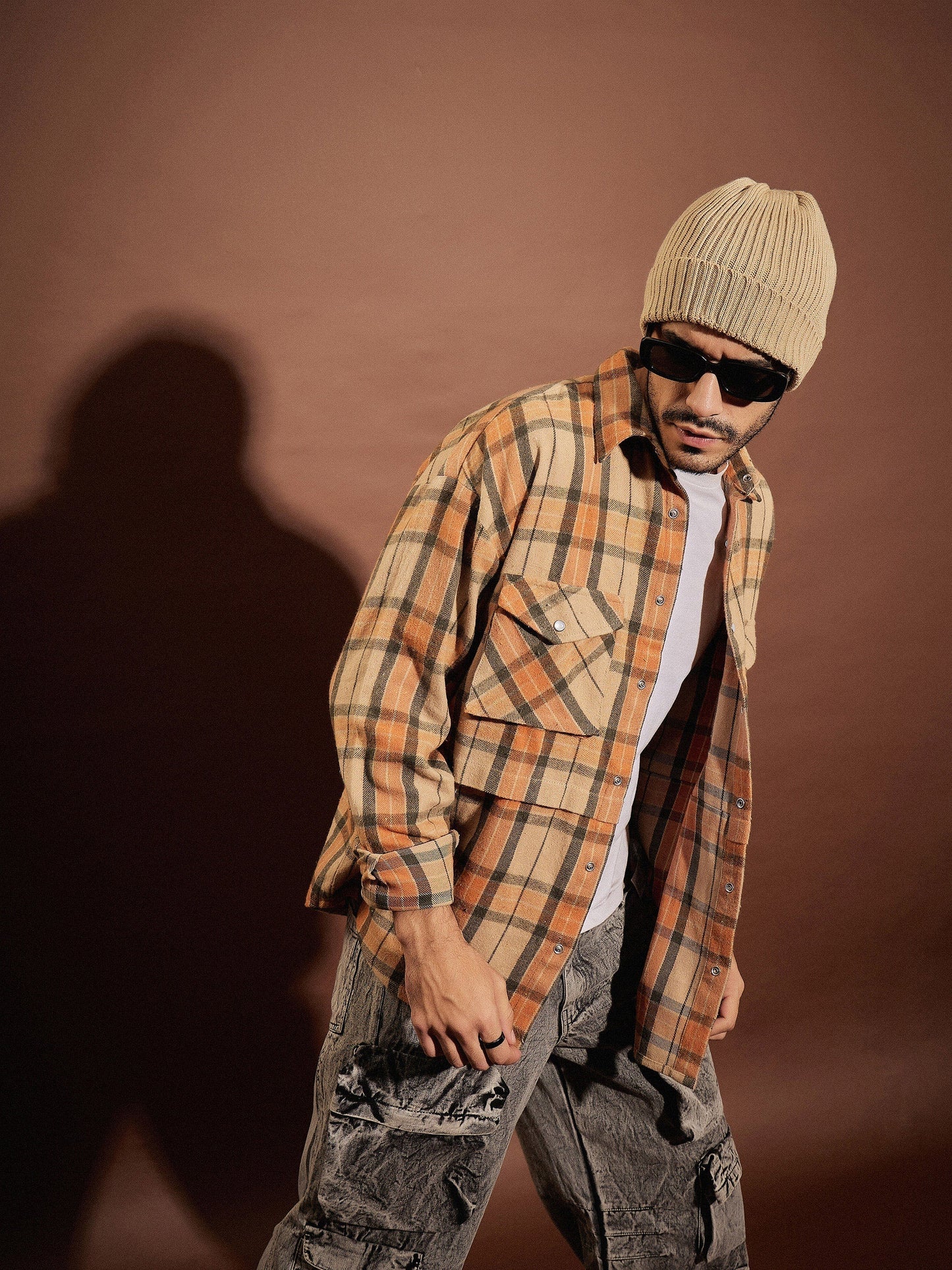 Beige & Orange Check Facing Detail Oversized Shirt-MASCLN SASSAFRAS