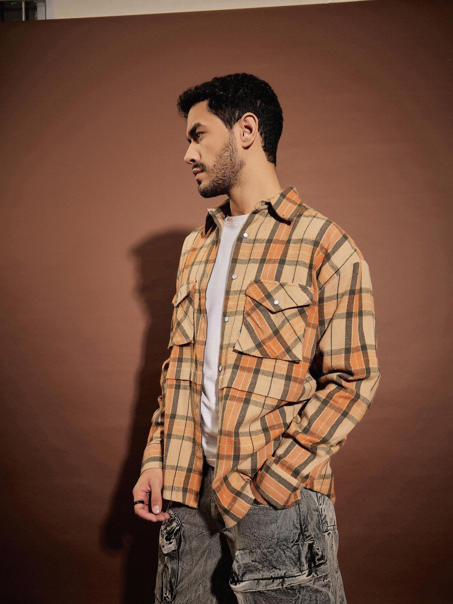 Beige & Orange Check Facing Detail Oversized Shirt-MASCLN SASSAFRAS