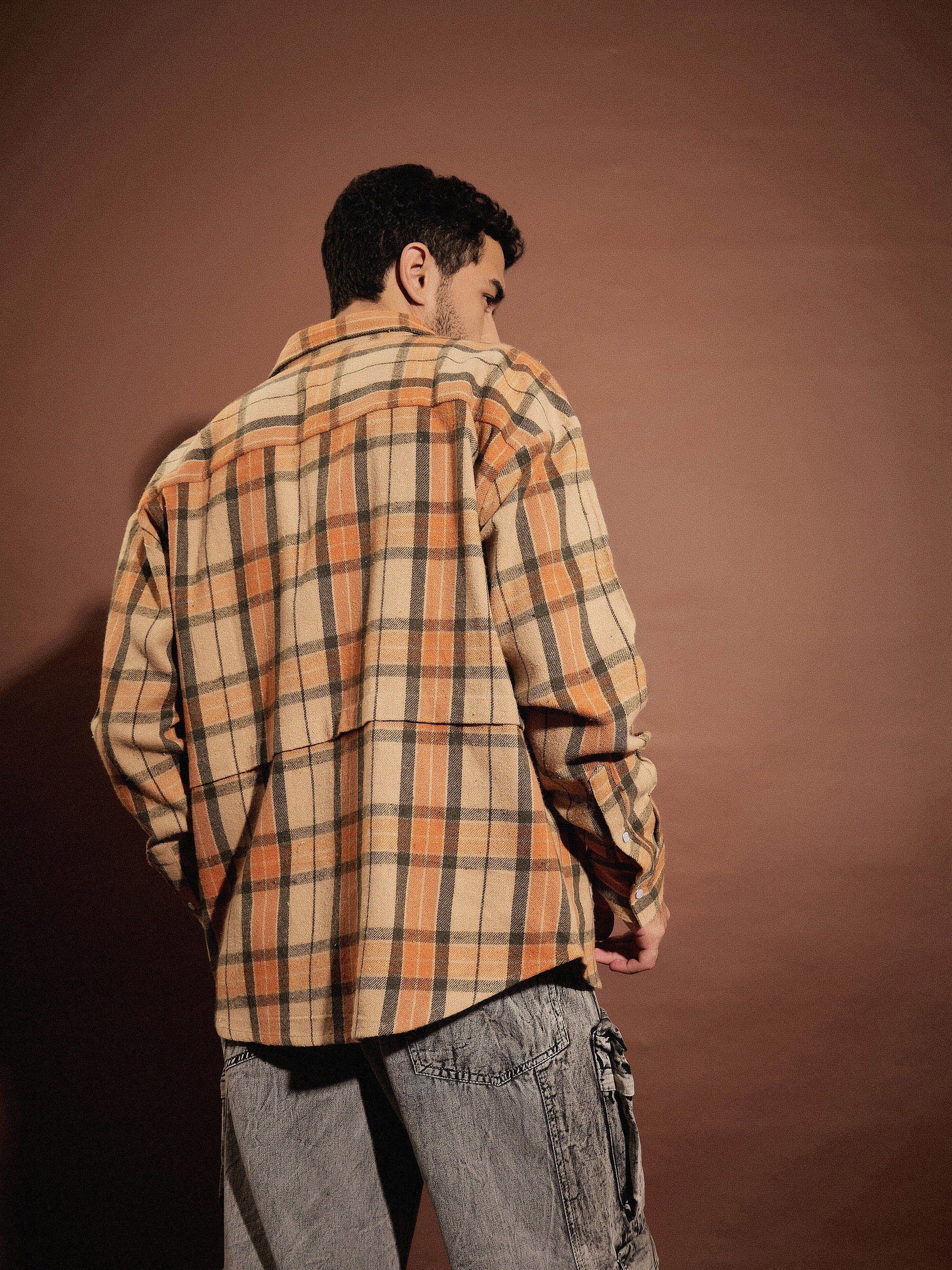 Beige & Orange Check Facing Detail Oversized Shirt-MASCLN SASSAFRAS