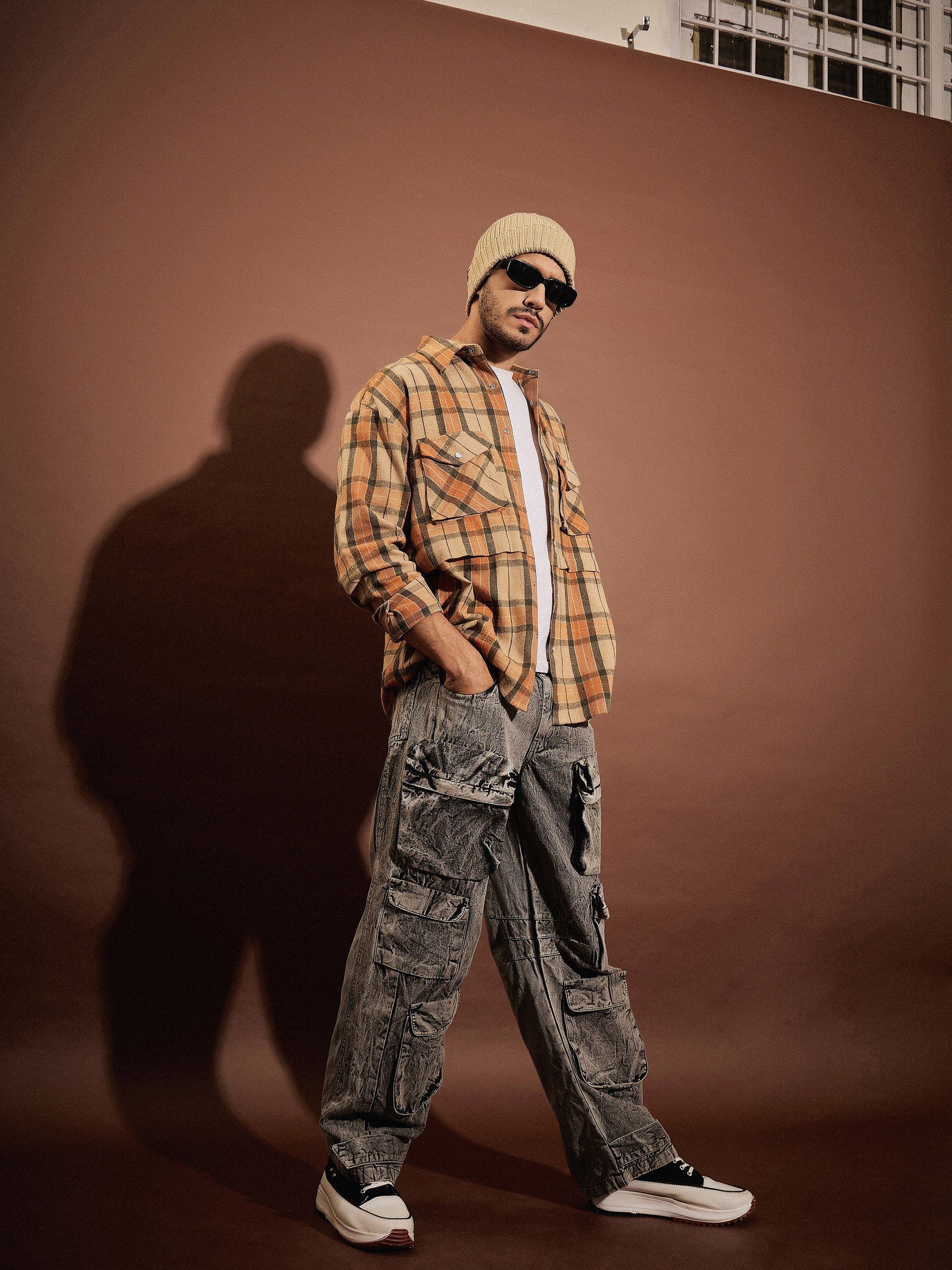 Beige & Orange Check Facing Detail Oversized Shirt-MASCLN SASSAFRAS