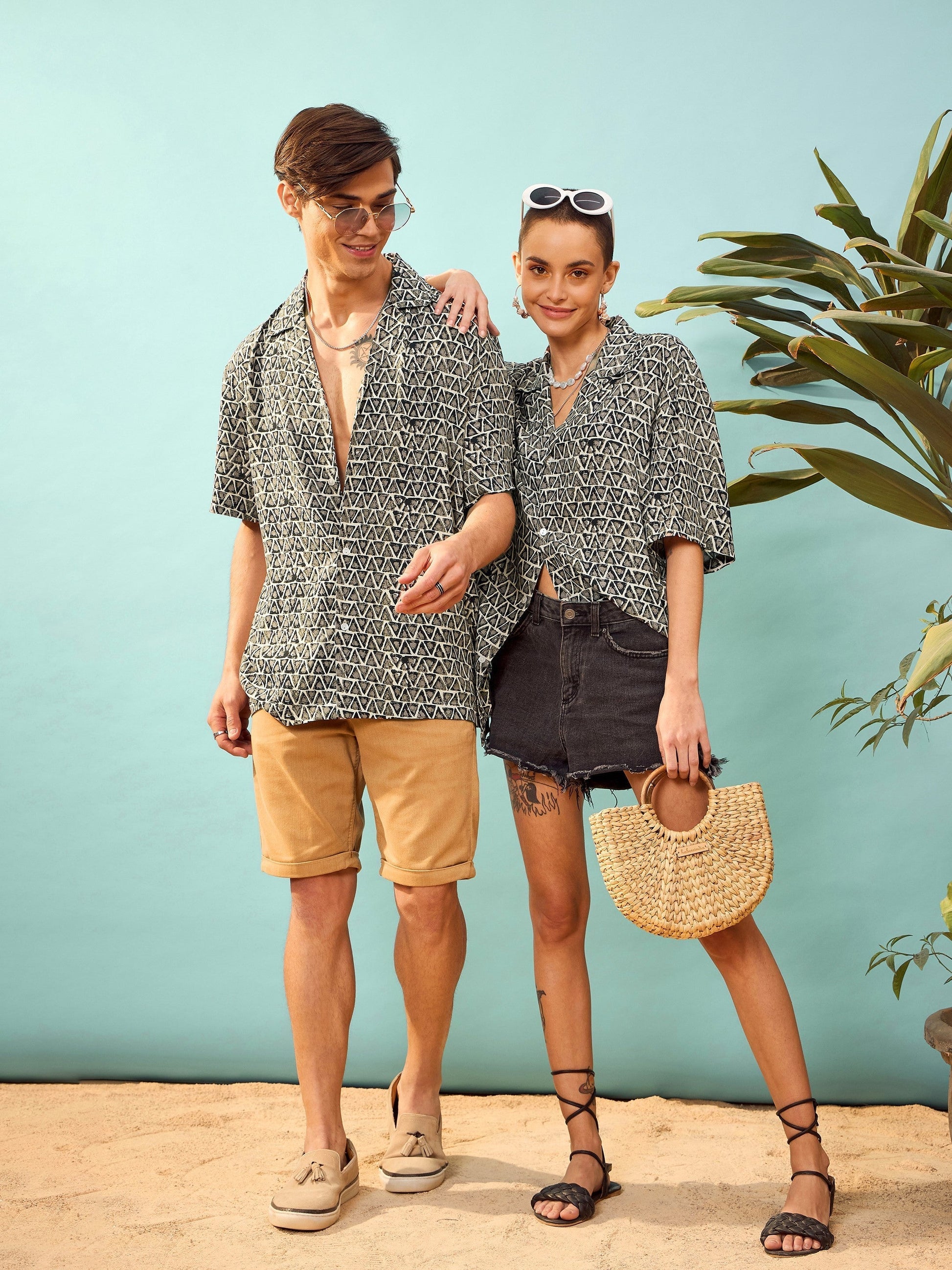 Unisex Brown Geometric Print Relax Fit Shirt-MASCLN SASSAFRAS