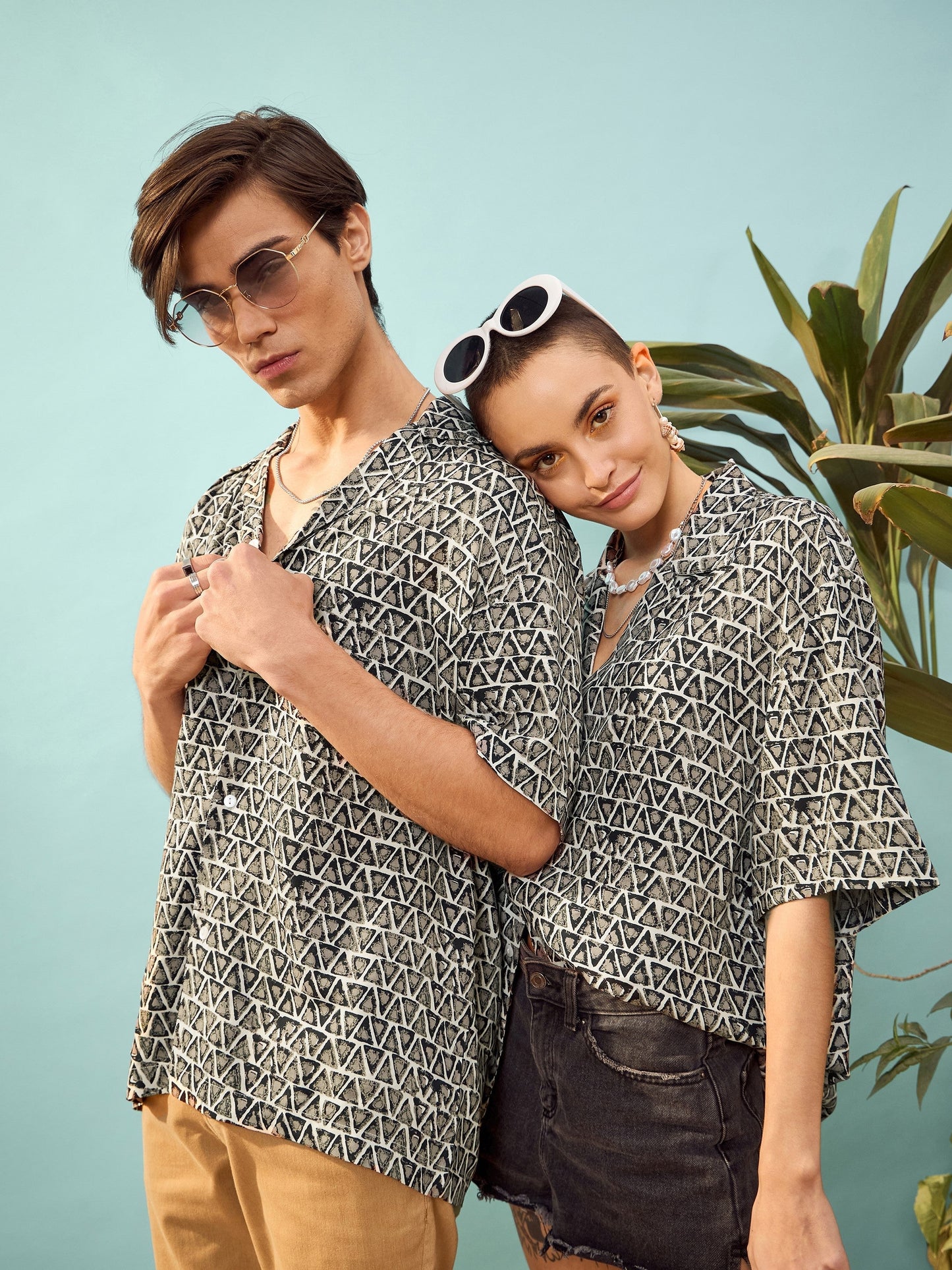 Unisex Brown Geometric Print Relax Fit Shirt-MASCLN SASSAFRAS