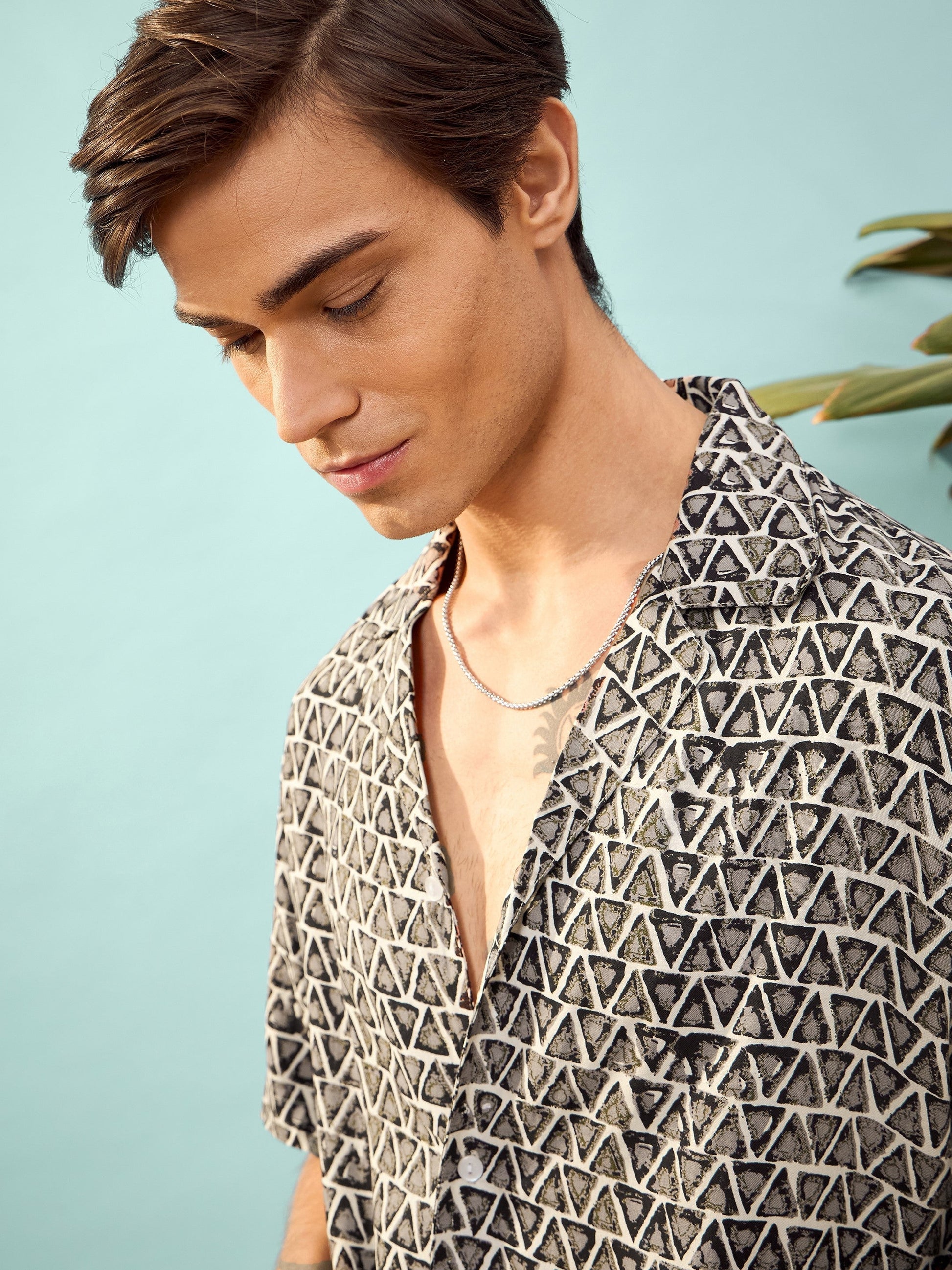 Unisex Brown Geometric Print Relax Fit Shirt-MASCLN SASSAFRAS