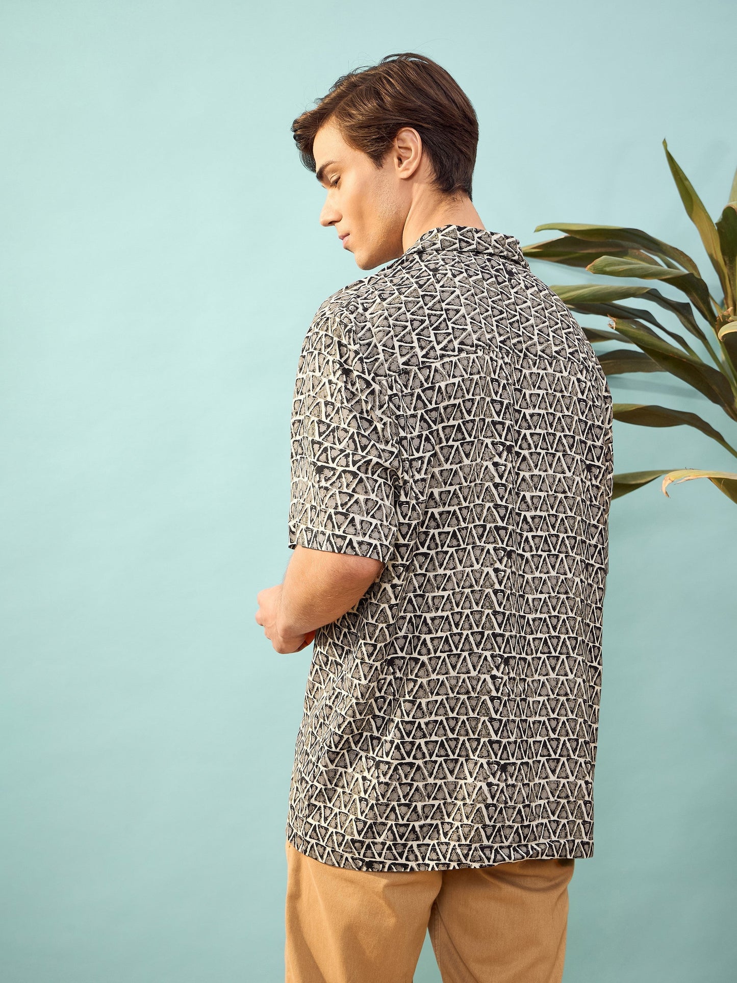 Unisex Brown Geometric Print Relax Fit Shirt-MASCLN SASSAFRAS
