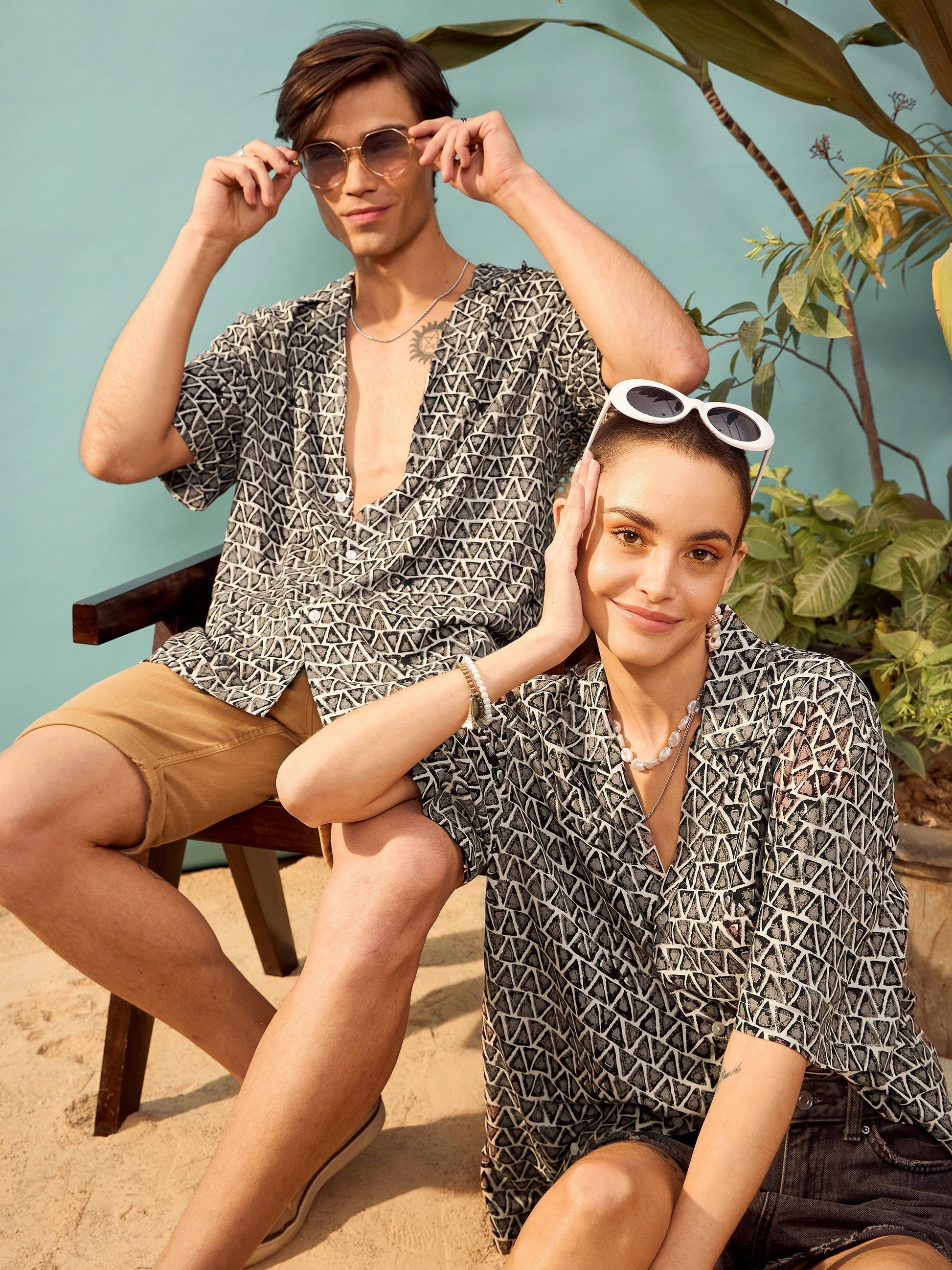 Unisex Brown Geometric Print Relax Fit Shirt-MASCLN SASSAFRAS