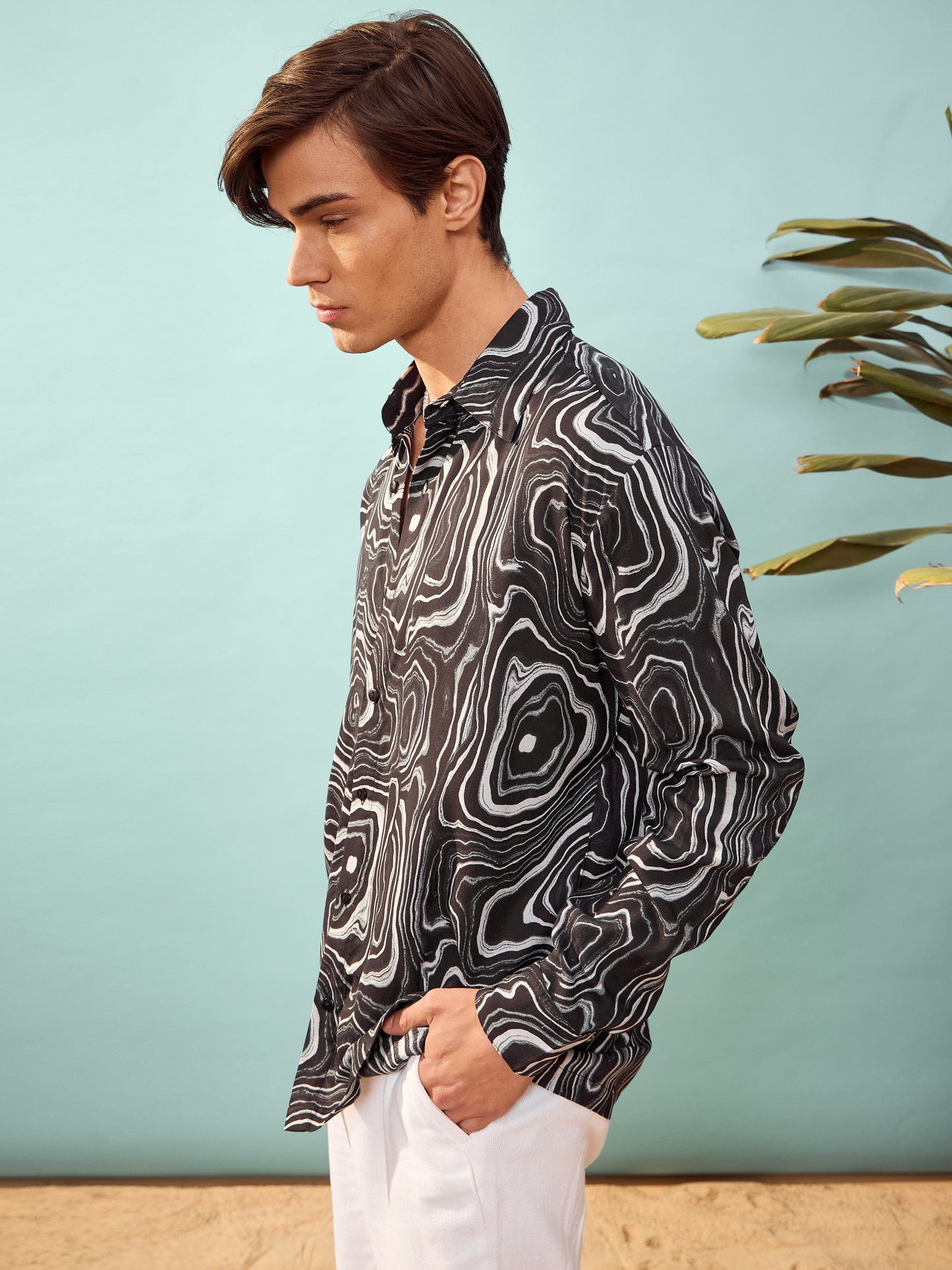 Black & White Marble Print Relax Fit Shirt-MASCLN SASSAFRAS
