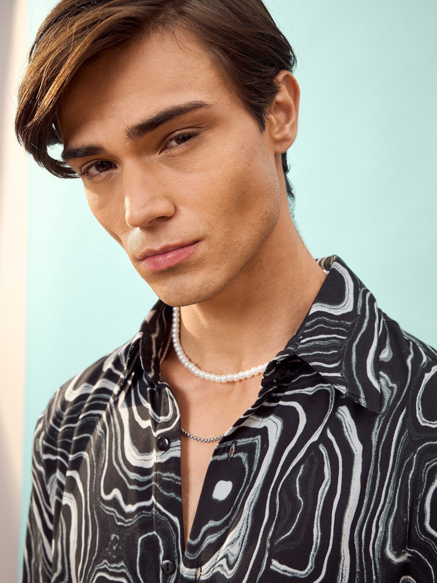Black & White Marble Print Relax Fit Shirt-MASCLN SASSAFRAS