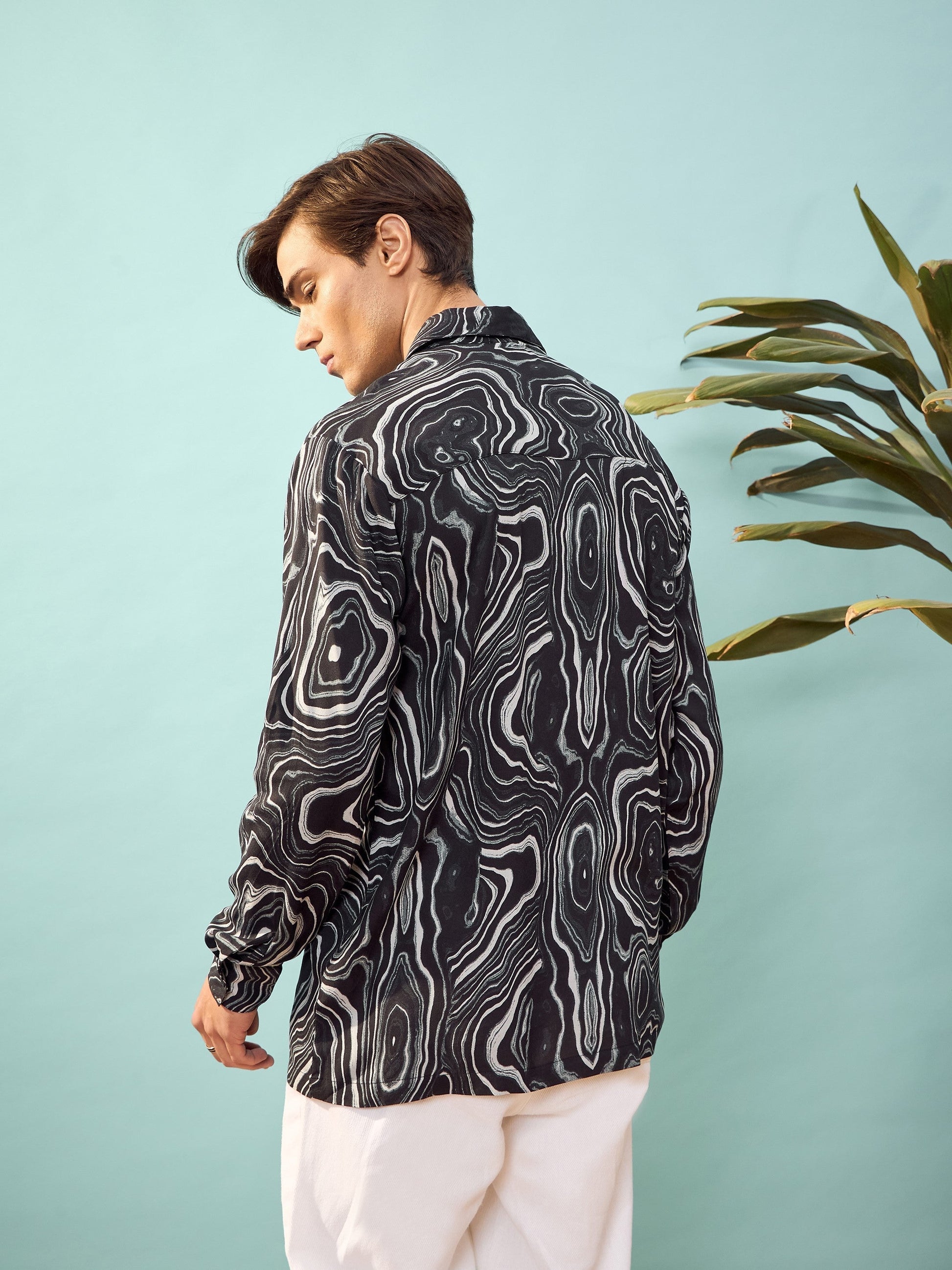 Black & White Marble Print Relax Fit Shirt-MASCLN SASSAFRAS