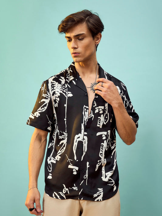 Black Satin Print Relax Fit Shirt-MASCLN SASSAFRAS