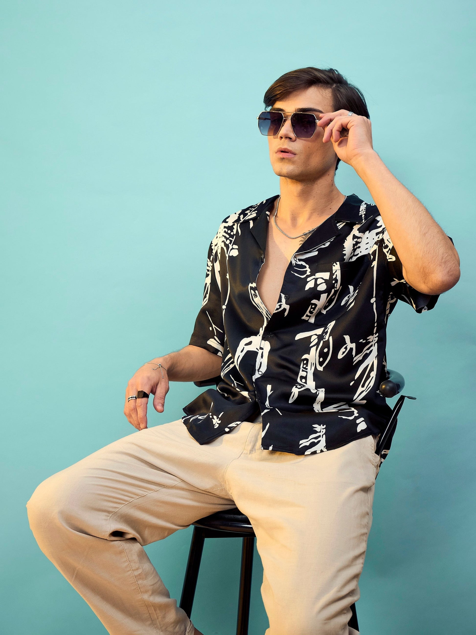 Black Satin Print Relax Fit Shirt-MASCLN SASSAFRAS
