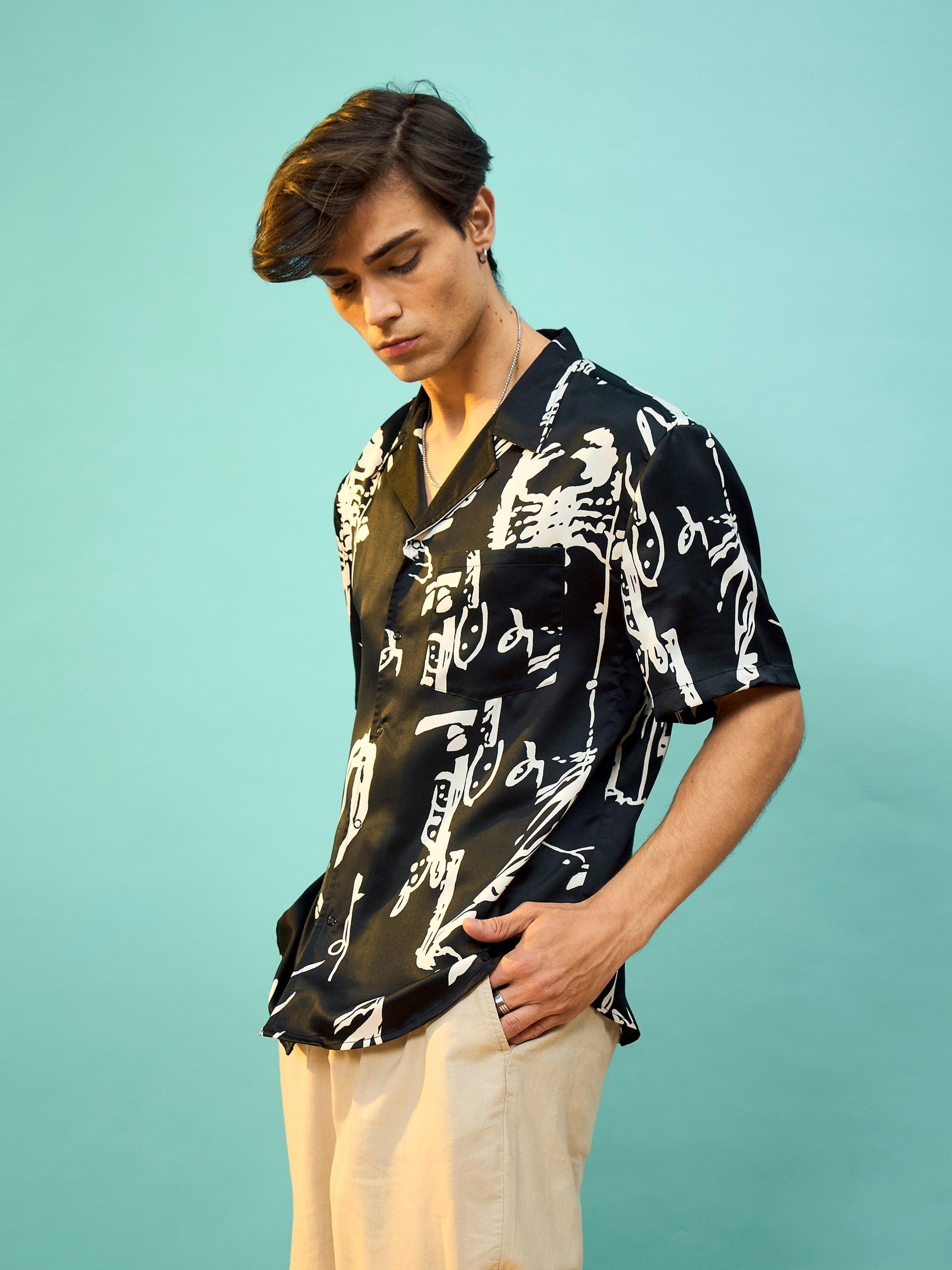 Black Satin Print Relax Fit Shirt-MASCLN SASSAFRAS