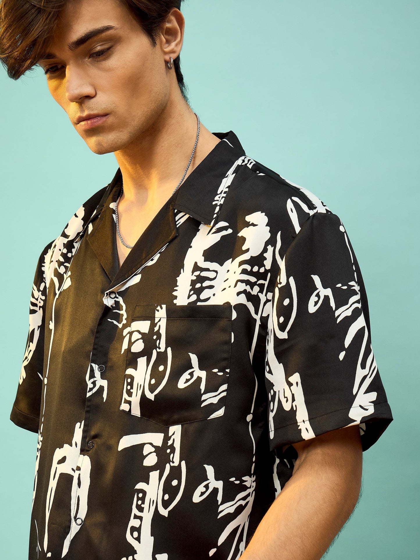 Black Satin Print Relax Fit Shirt-MASCLN SASSAFRAS