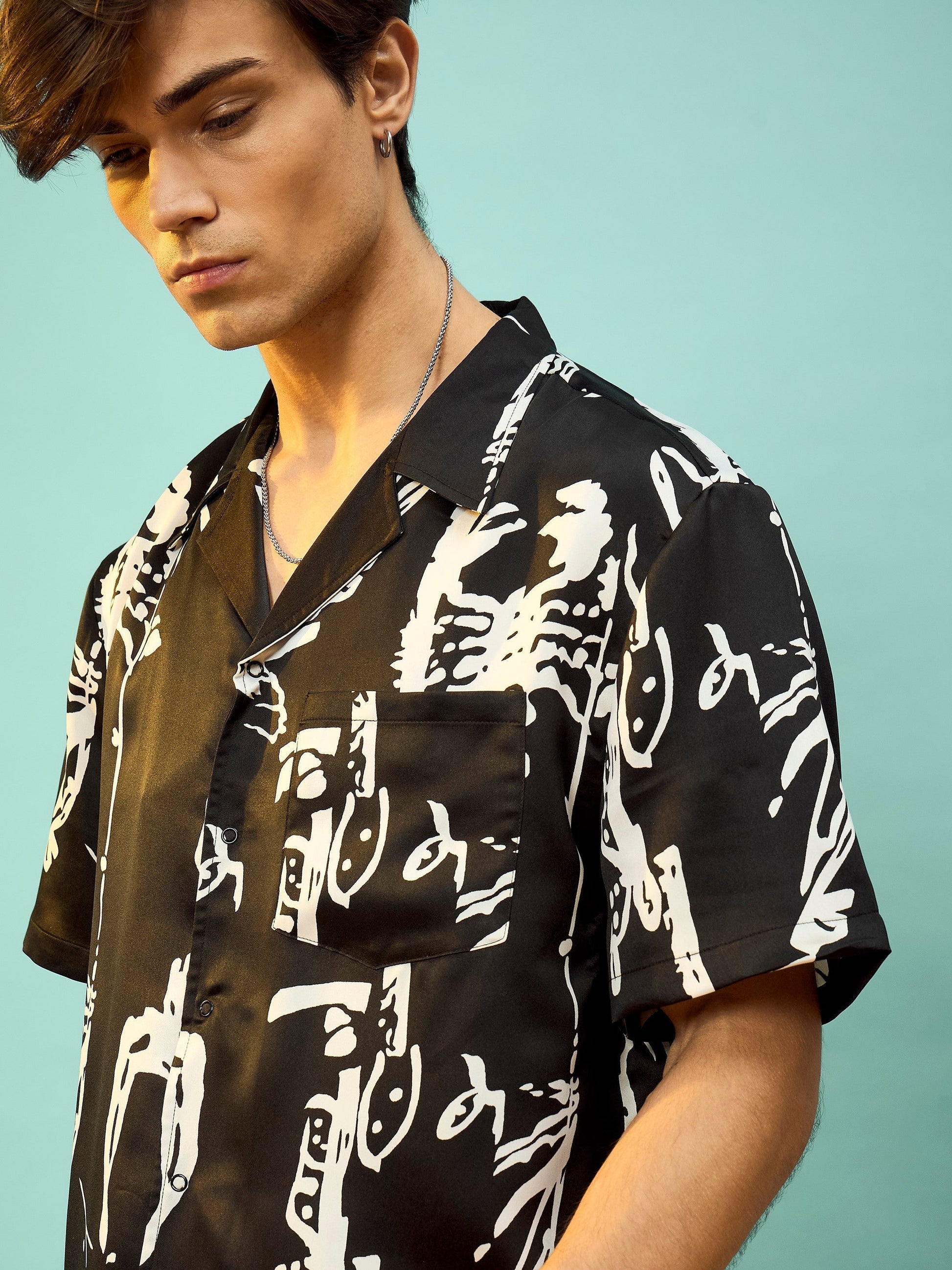 Black Satin Print Relax Fit Shirt-MASCLN SASSAFRAS