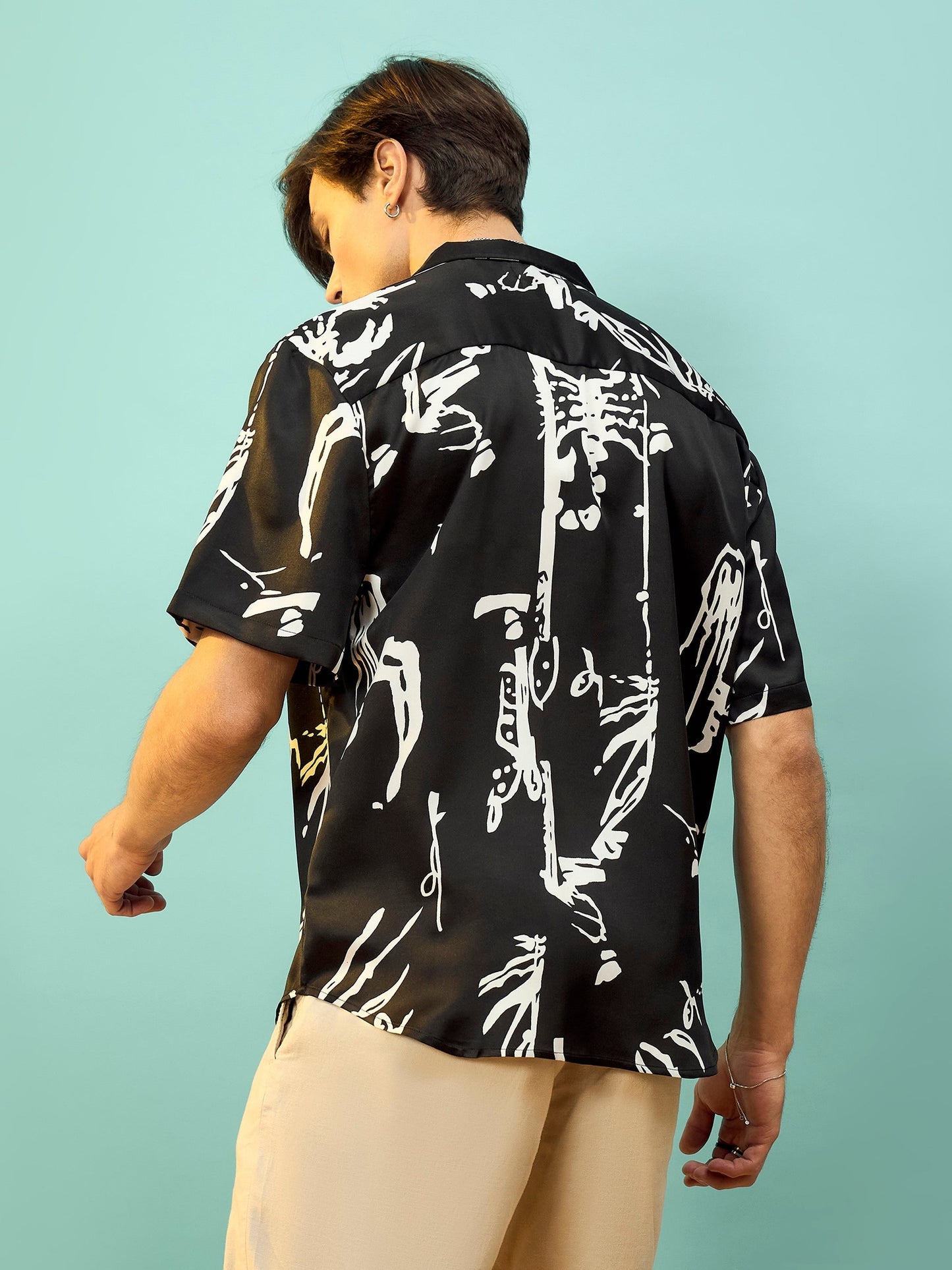 Black Satin Print Relax Fit Shirt-MASCLN SASSAFRAS