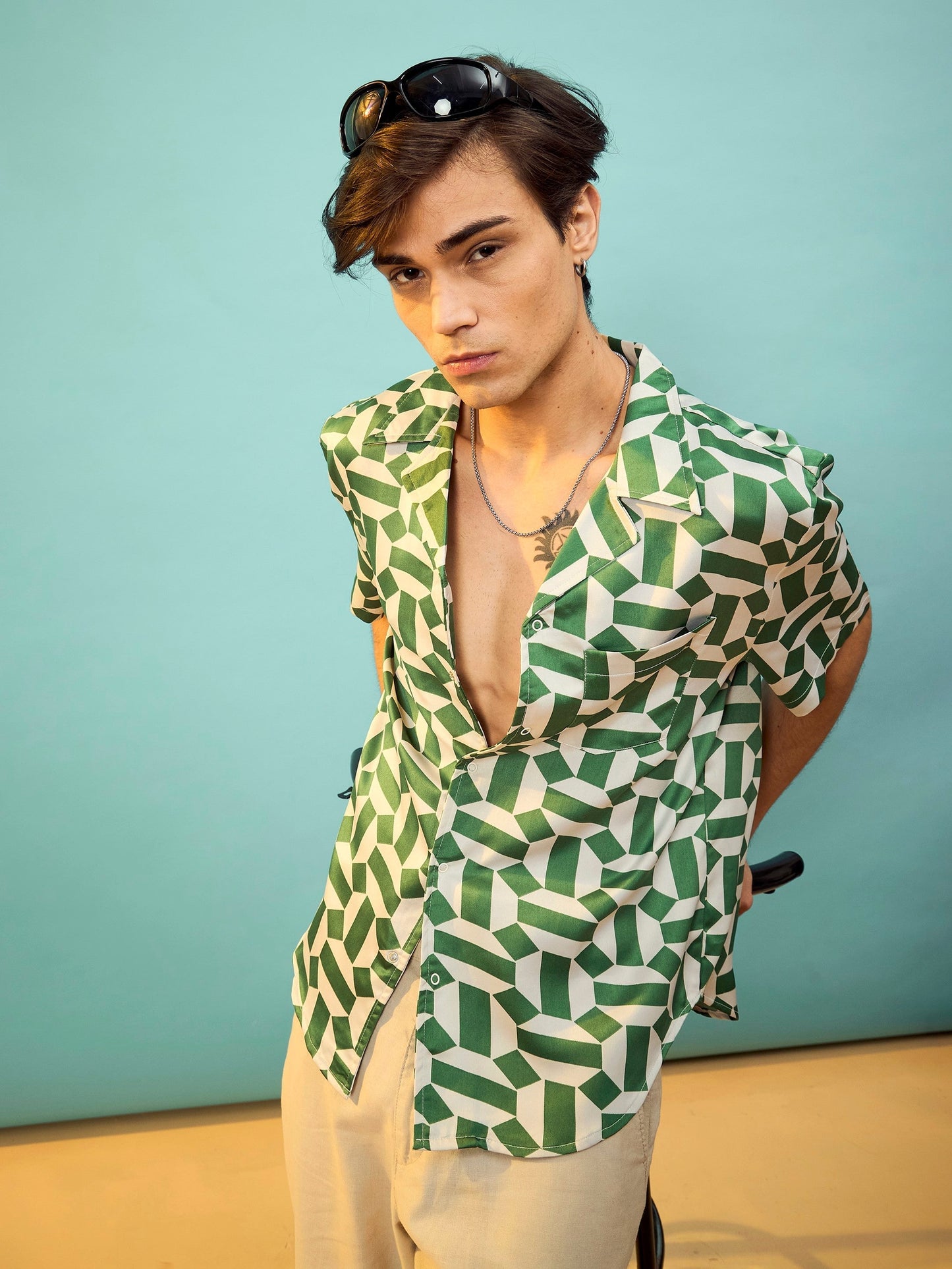 Green Satin Printed Relax Fit Shirt-MASCLN SASSAFRAS