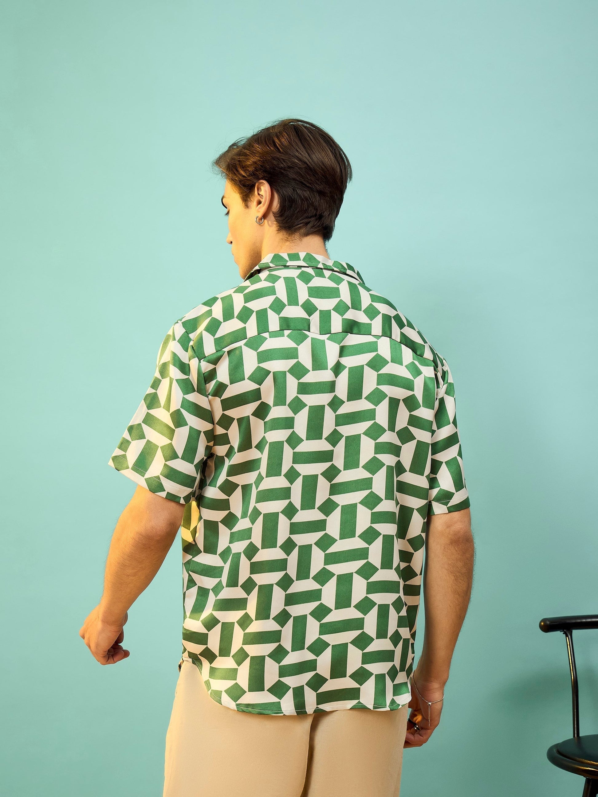 Green Satin Printed Relax Fit Shirt-MASCLN SASSAFRAS