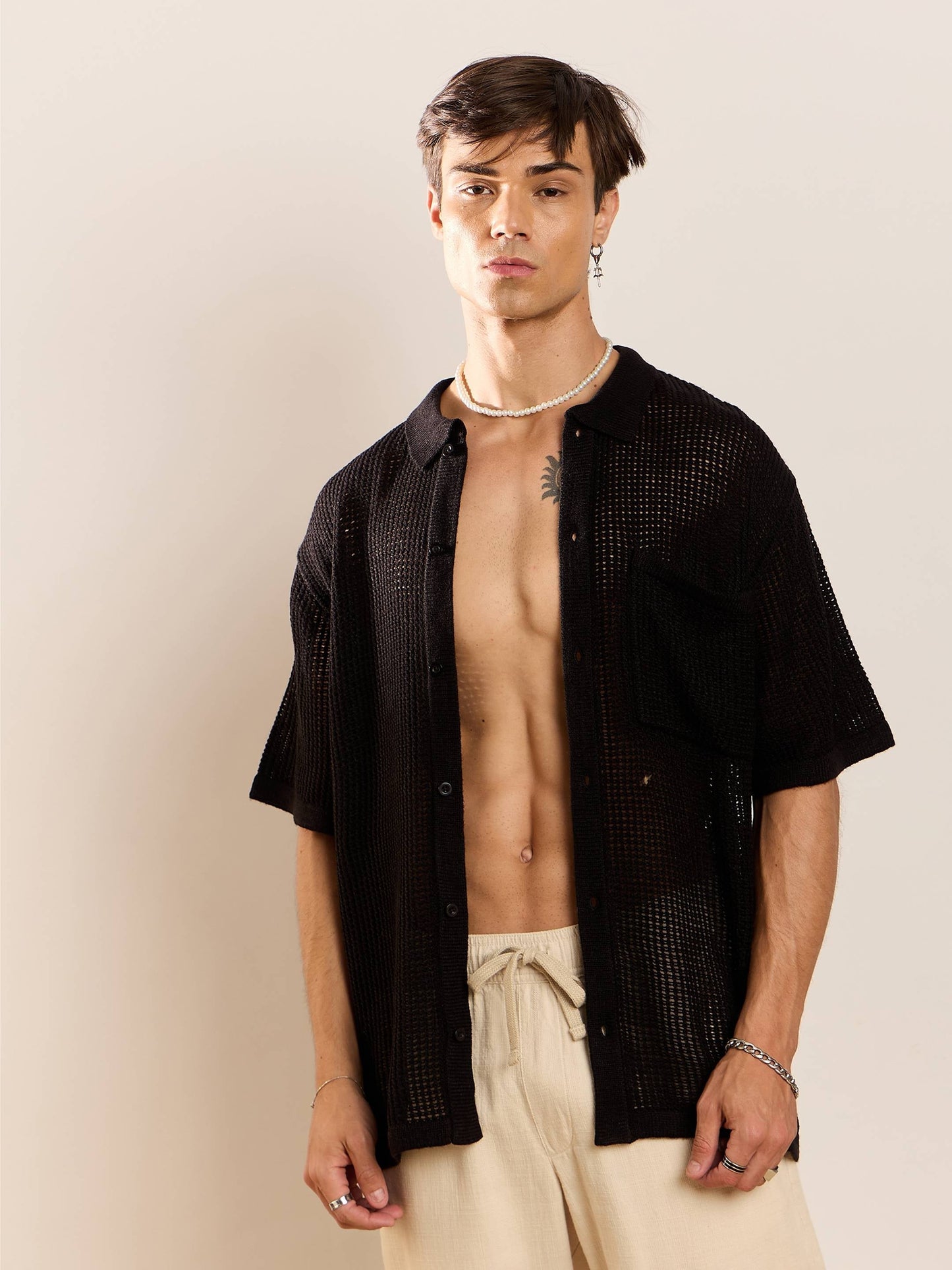 Black Crochet Knit Oversize Shirt-MASCLN SASSAFRAS