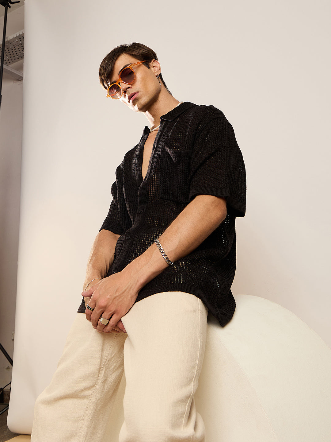 Black Crochet Knit Oversize Shirt-MASCLN SASSAFRAS