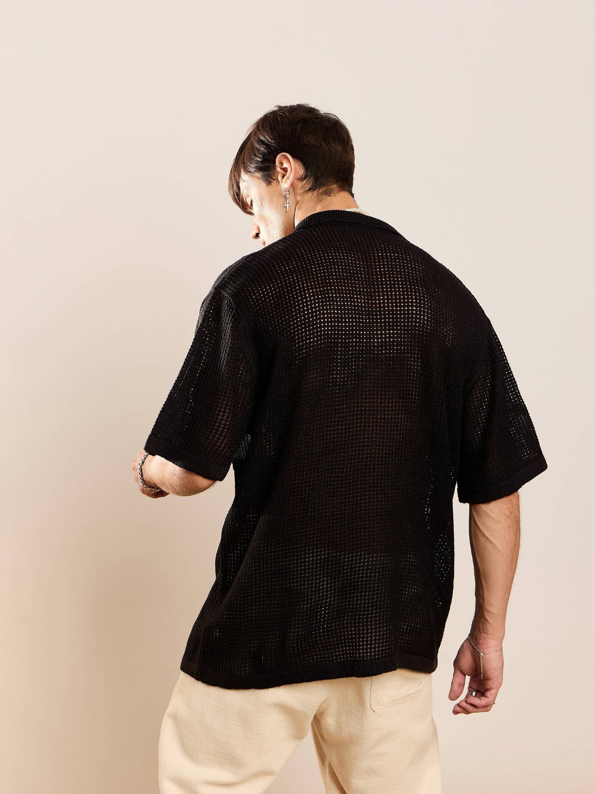 Black Crochet Knit Oversize Shirt-MASCLN SASSAFRAS