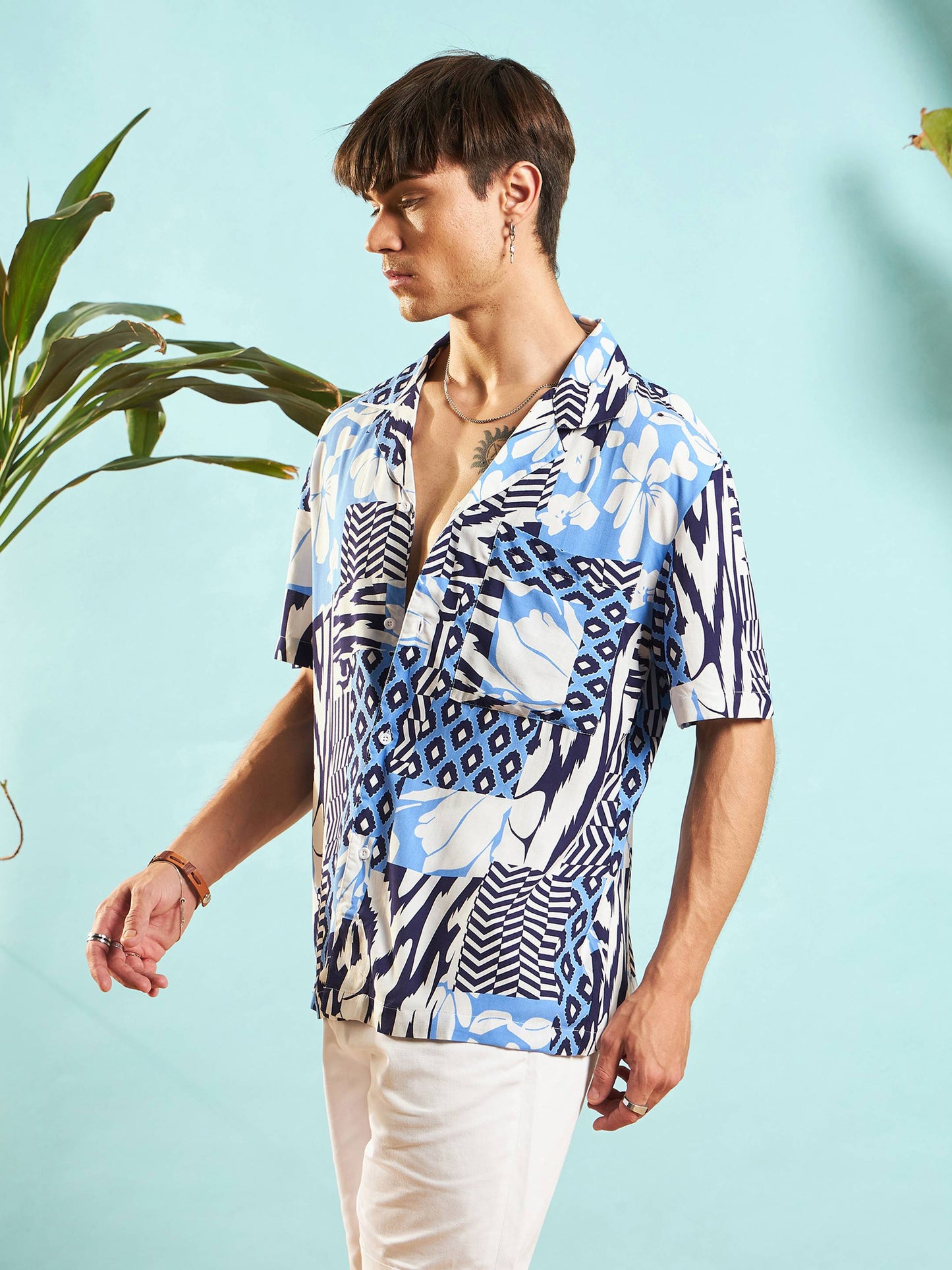 White & Blue Leopard Relax Fit Shirt-MASCLN SASSAFRAS