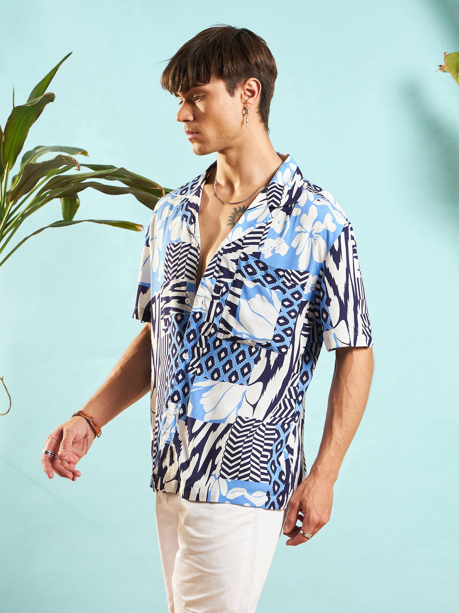 White & Blue Leopard Relax Fit Shirt-MASCLN SASSAFRAS