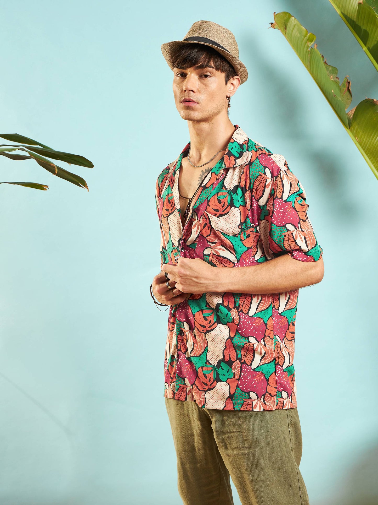 Men Orange Multi Color Tropical Print Relax Fit Shirt