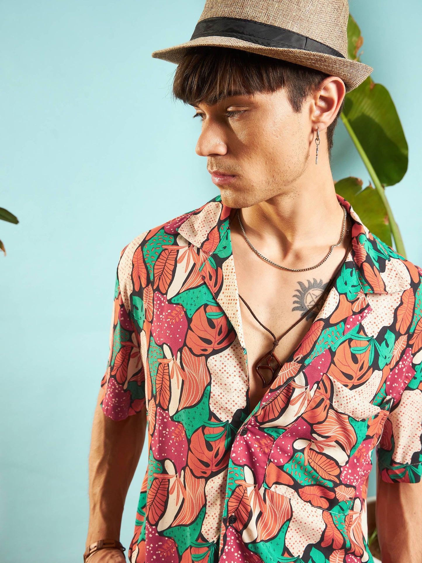 Men Orange Multi Color Tropical Print Relax Fit Shirt