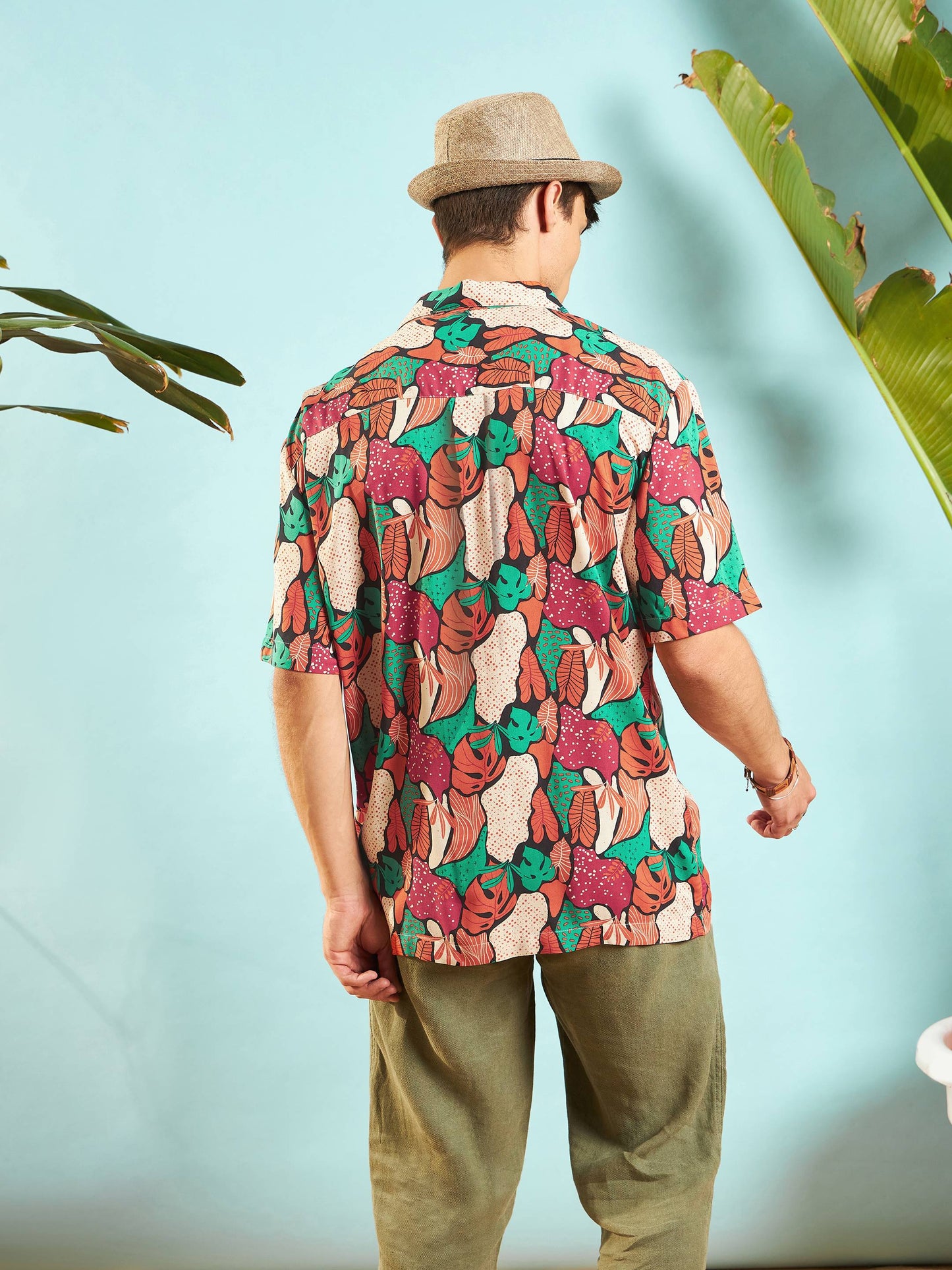 Men Orange Multi Color Tropical Print Relax Fit Shirt
