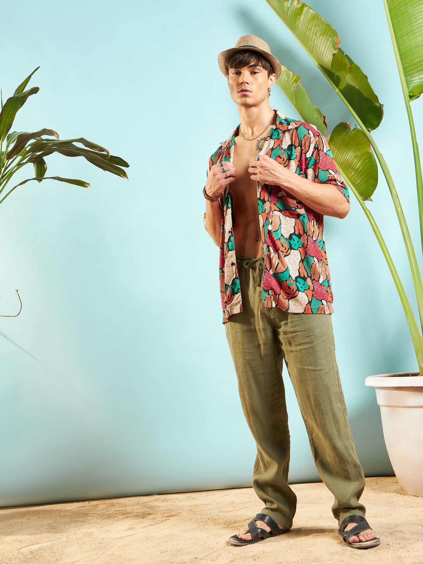Men Orange Multi Color Tropical Print Relax Fit Shirt