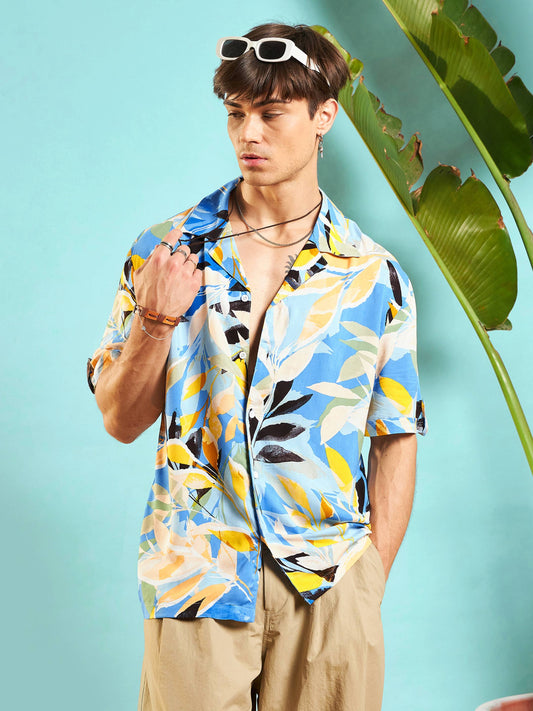 Blue Tropical Print Box Pleat Relax Fit Shirt-MASCLN SASSAFRAS